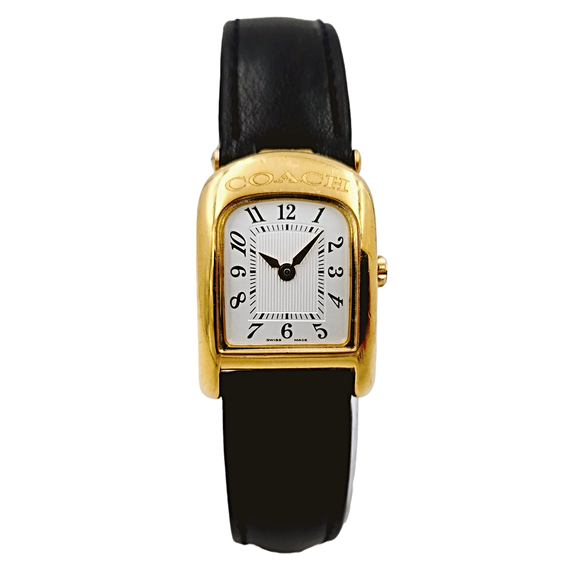 Ladies Coach 19mm Gold Plated Watch with Genuine Black Leather Band and White Dial. (Pre-Owned W301)