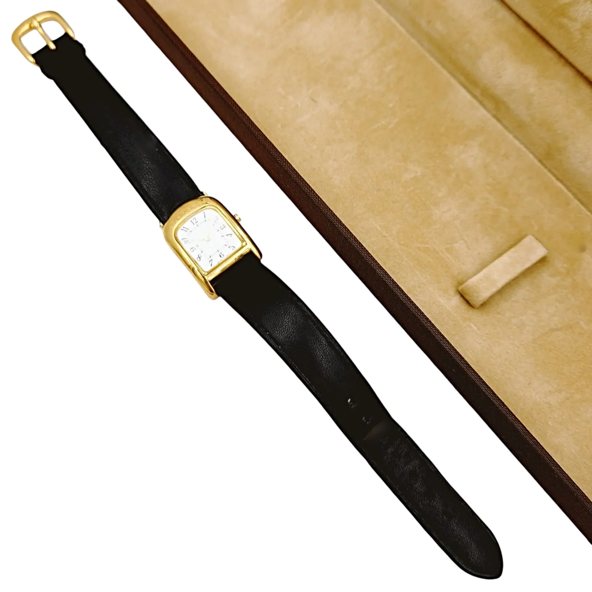 Ladies Coach 19mm Gold Plated Watch with Genuine Black Leather Band and White Dial. (Pre-Owned W301)