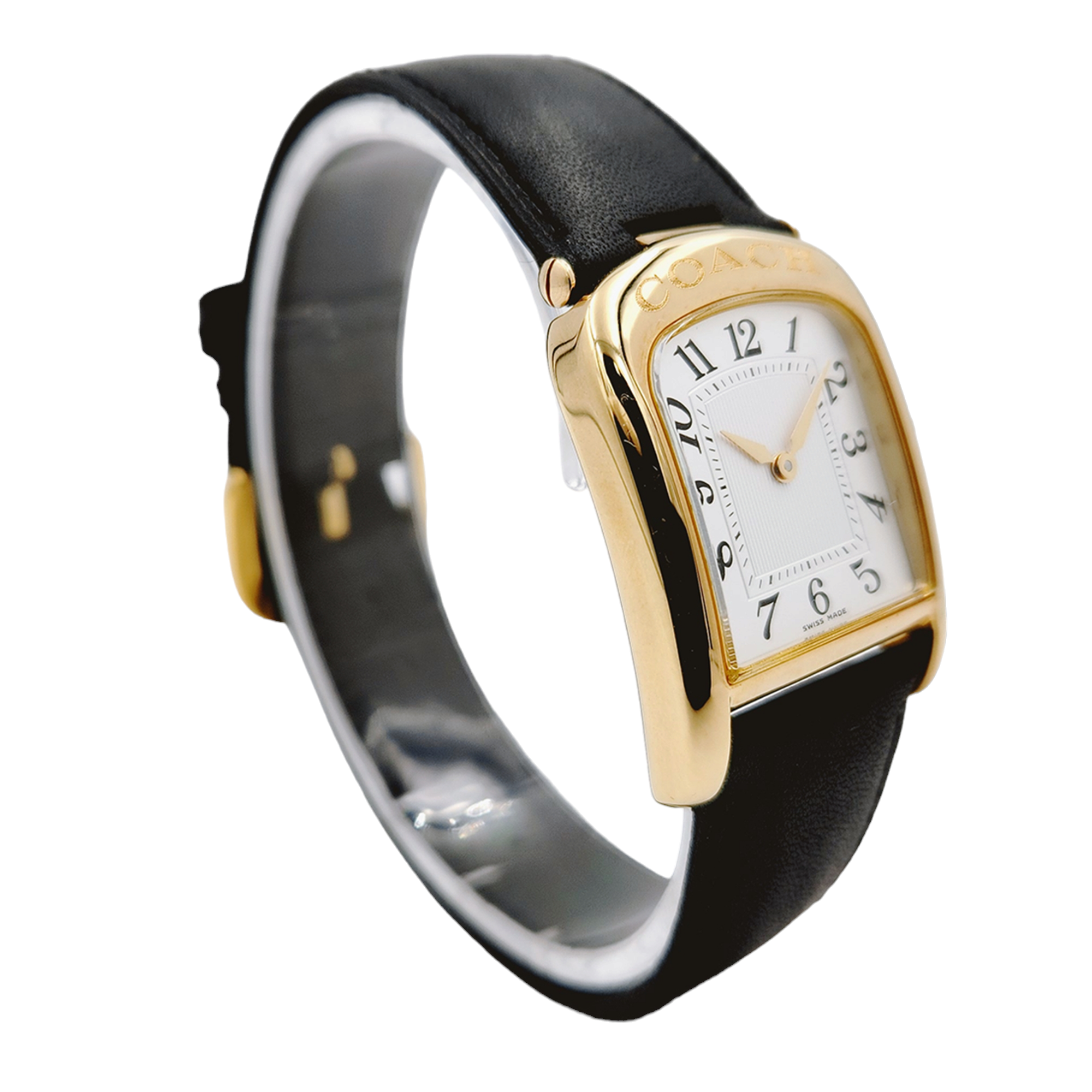 Ladies Coach 26mm Gold Plated Watch with Genuine Black Leather Band and White Dial. (Pre-Owned W501)