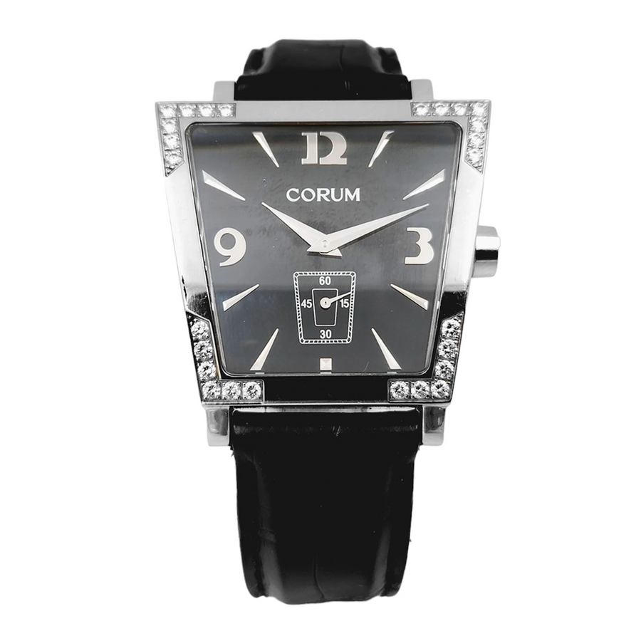 Ladies Corum Trapeze Stainless Steel Watch with Original Black Leather Band & Diamond Bezel. (Pre-Owned 106.405.47)