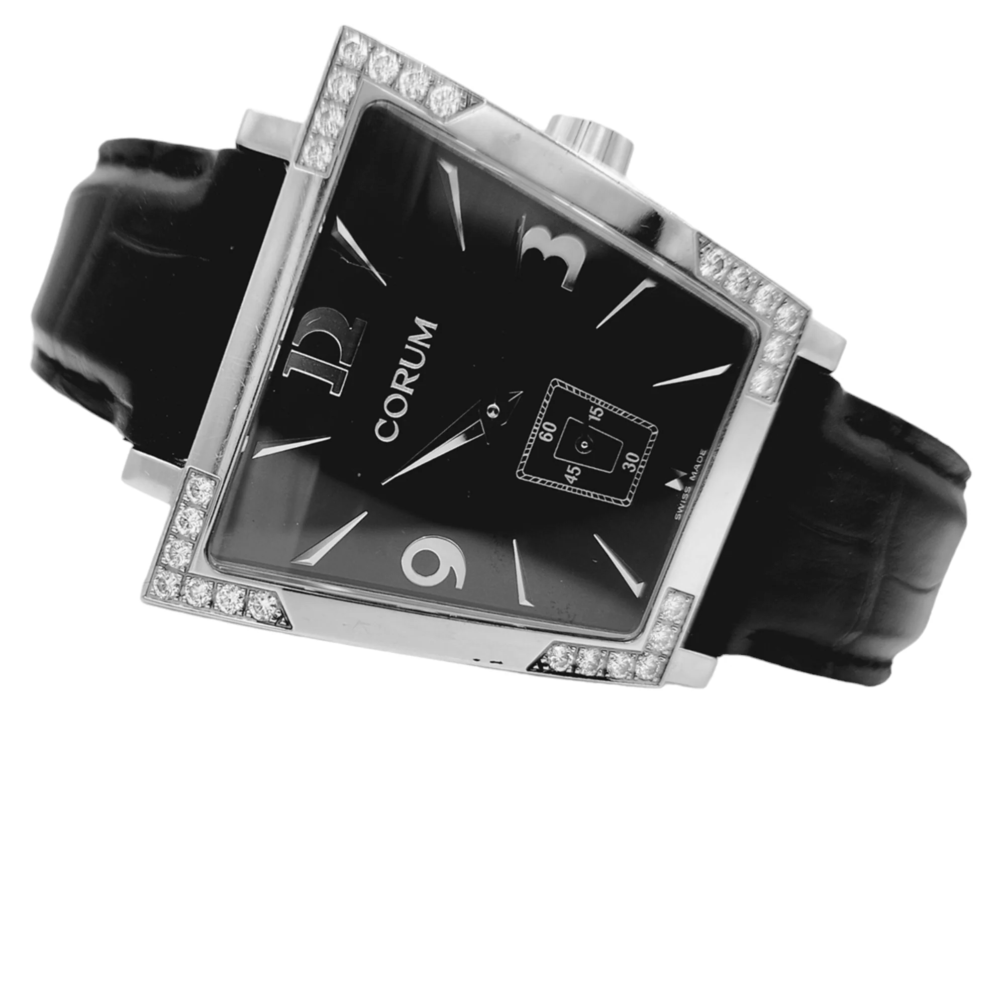 Ladies Corum Trapeze Stainless Steel Watch with Original Black Leather Band & Diamond Bezel. (Pre-Owned 106.405.47)