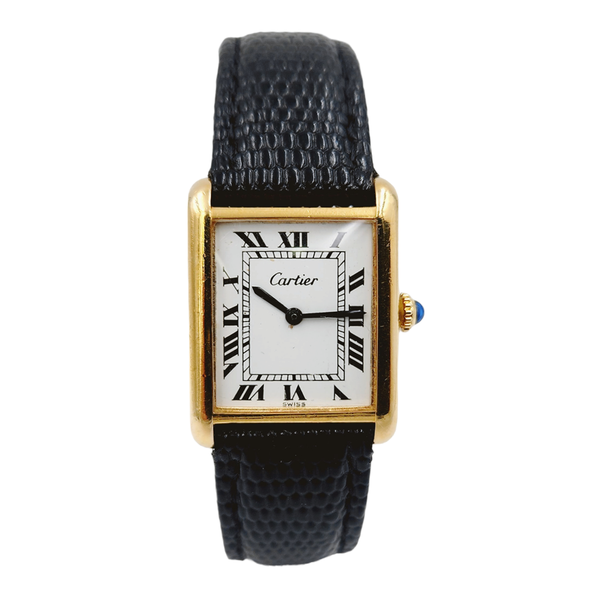 Ladies Medium Cartier Tank Louis Automatic Vintage Gold Plated Watch with White Roman Numeral Dial and Black Leather Band. (Pre-Owned 15705)