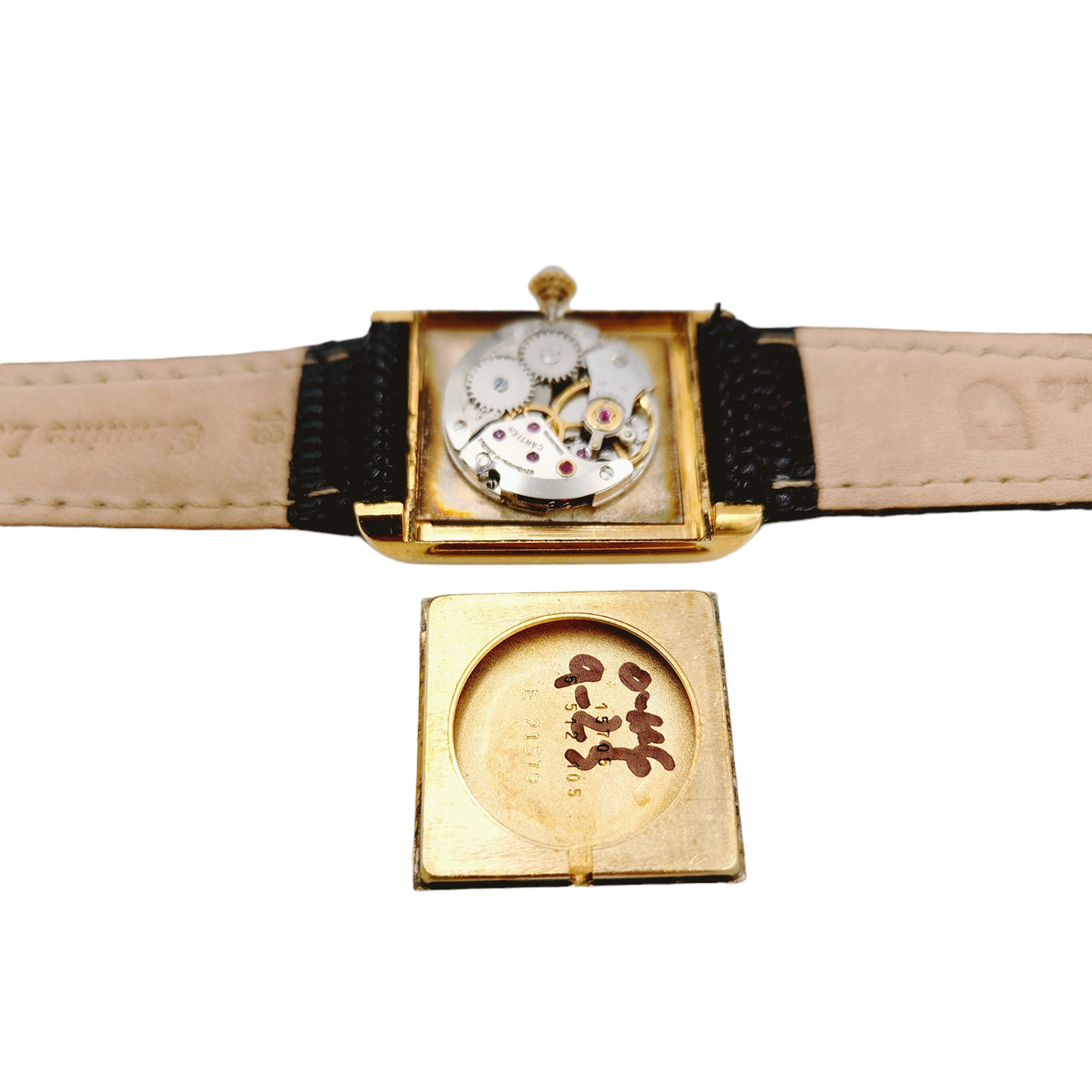 Ladies Medium Cartier Tank Louis Automatic Vintage Gold Plated Watch with White Roman Numeral Dial and Black Leather Band. (Pre-Owned 15705)