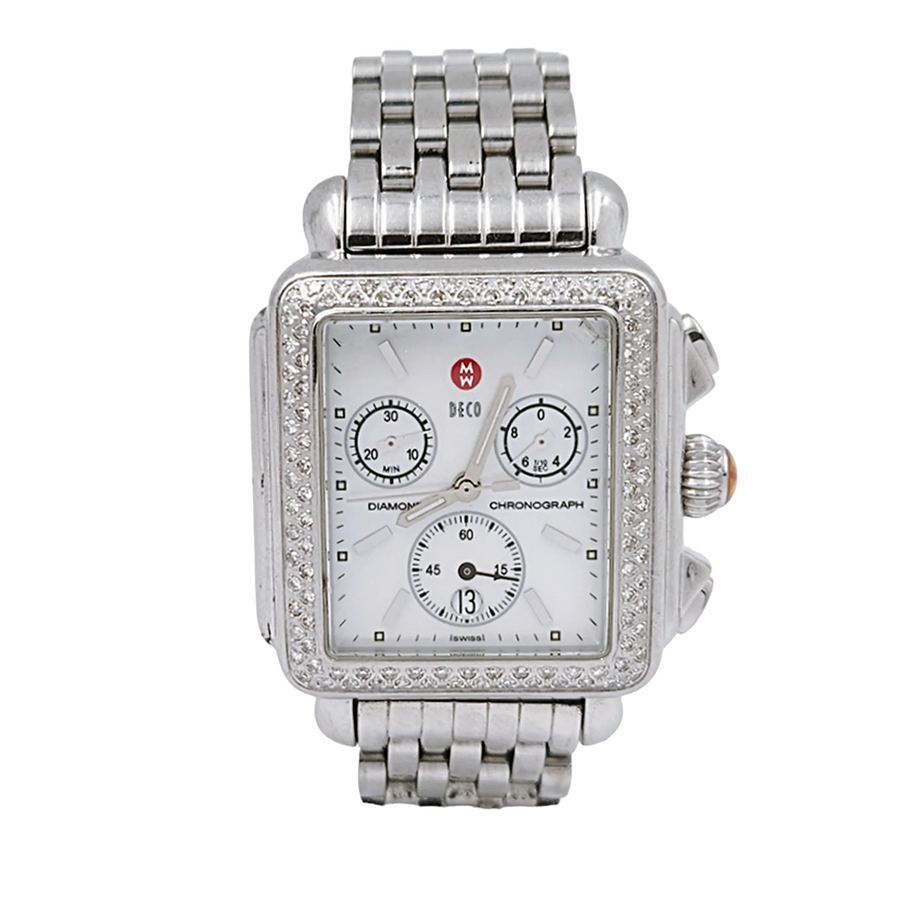 Ladies Michele Deco 33mm Stainless Steel Watch with Mother of Pearl Chronograph Dial and Diamond Bezel. (Pre-Owned MW06A01)