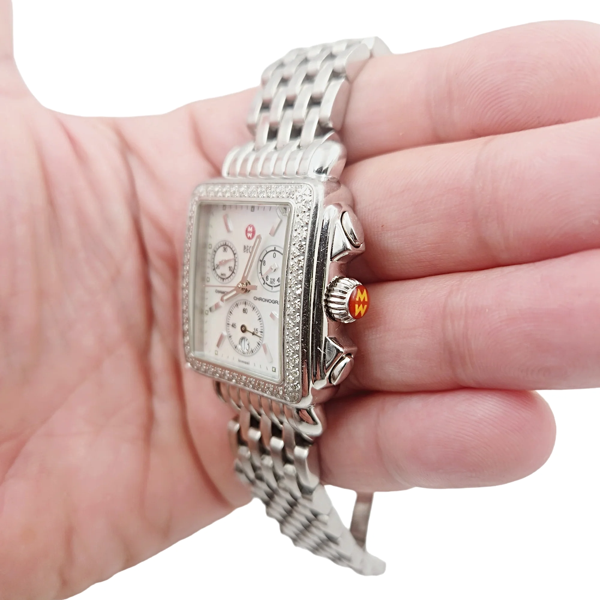 Ladies Michele Deco 33mm Stainless Steel Watch with Mother of Pearl Chronograph Dial and Diamond Bezel. (Pre-Owned MW06A01)