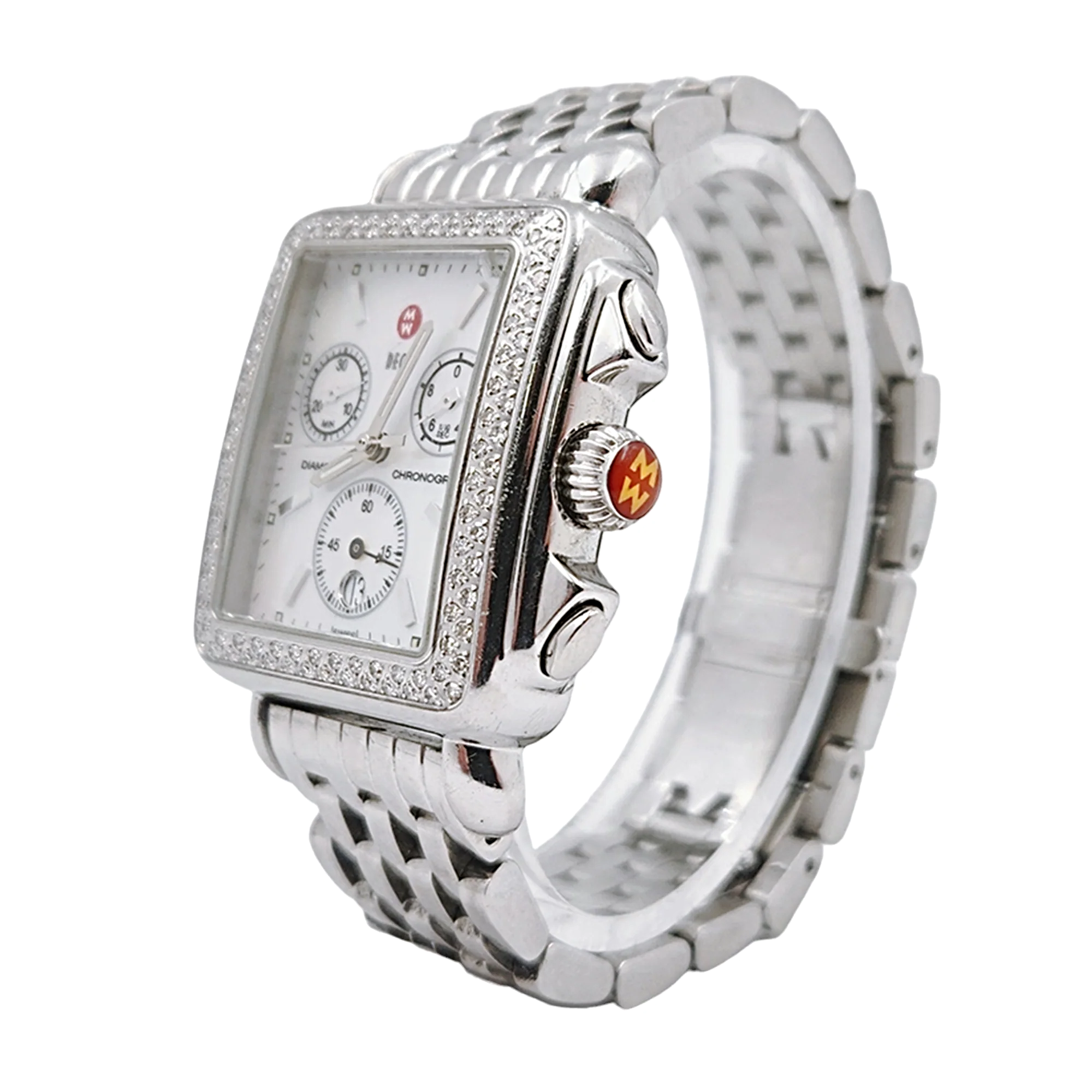 Ladies Michele Deco 33mm Stainless Steel Watch with Mother of Pearl Chronograph Dial and Diamond Bezel. (Pre-Owned MW06A01)