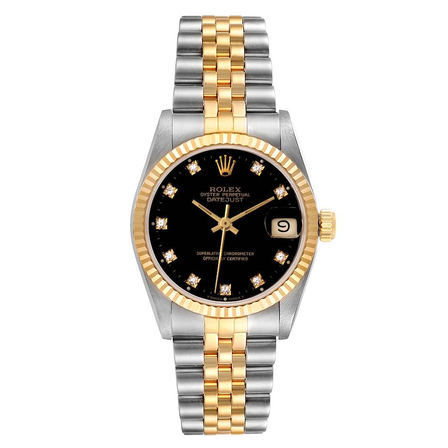 Women's Midsize Rolex 18K Gold Two Tone 31mm DateJust Watch with Black Diamond Dial and Fluted Bezel. (Pre-Owned 68273)