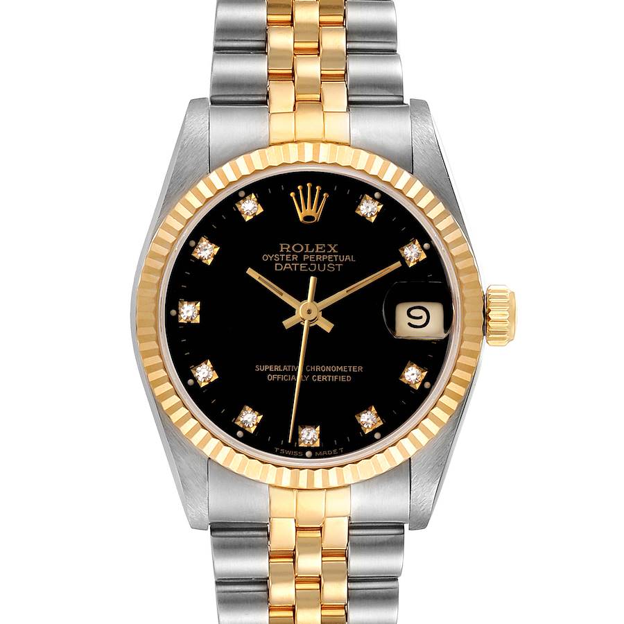 Ladies Midsize Rolex 18K Gold Two Tone 31mm DateJust Watch with Black Diamond Dial and Fluted Bezel. (Pre-Owned 68273)