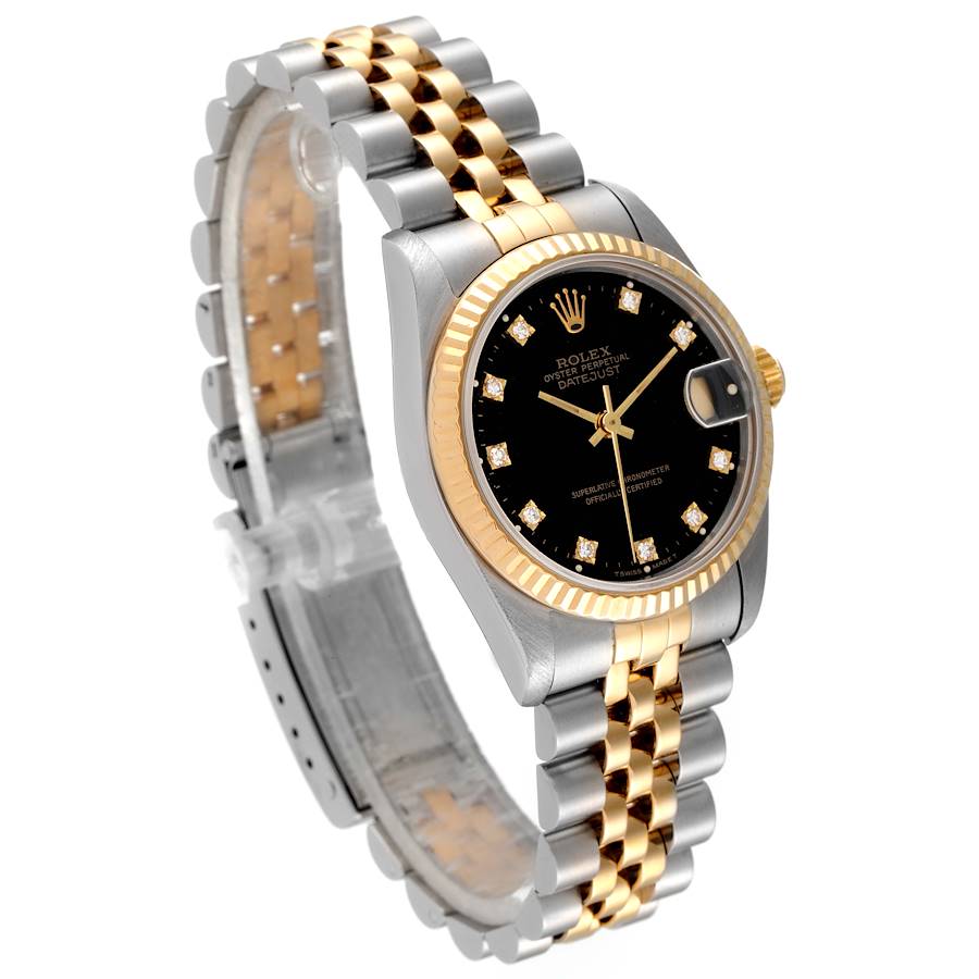 Ladies Midsize Rolex 18K Gold Two Tone 31mm DateJust Wristwatch w/ Black Diamond Dial & Fluted Bezel. (Pre-Owned 68273)