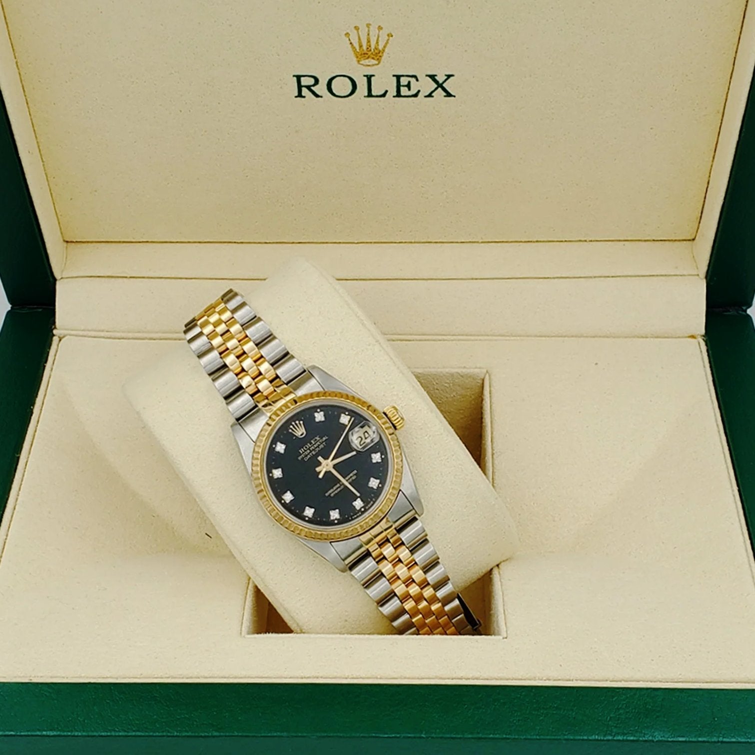 Ladies Midsize Rolex 18K Gold Two Tone 31mm DateJust Watch with Black Diamond Dial and Fluted Bezel. (Pre-Owned 68273)