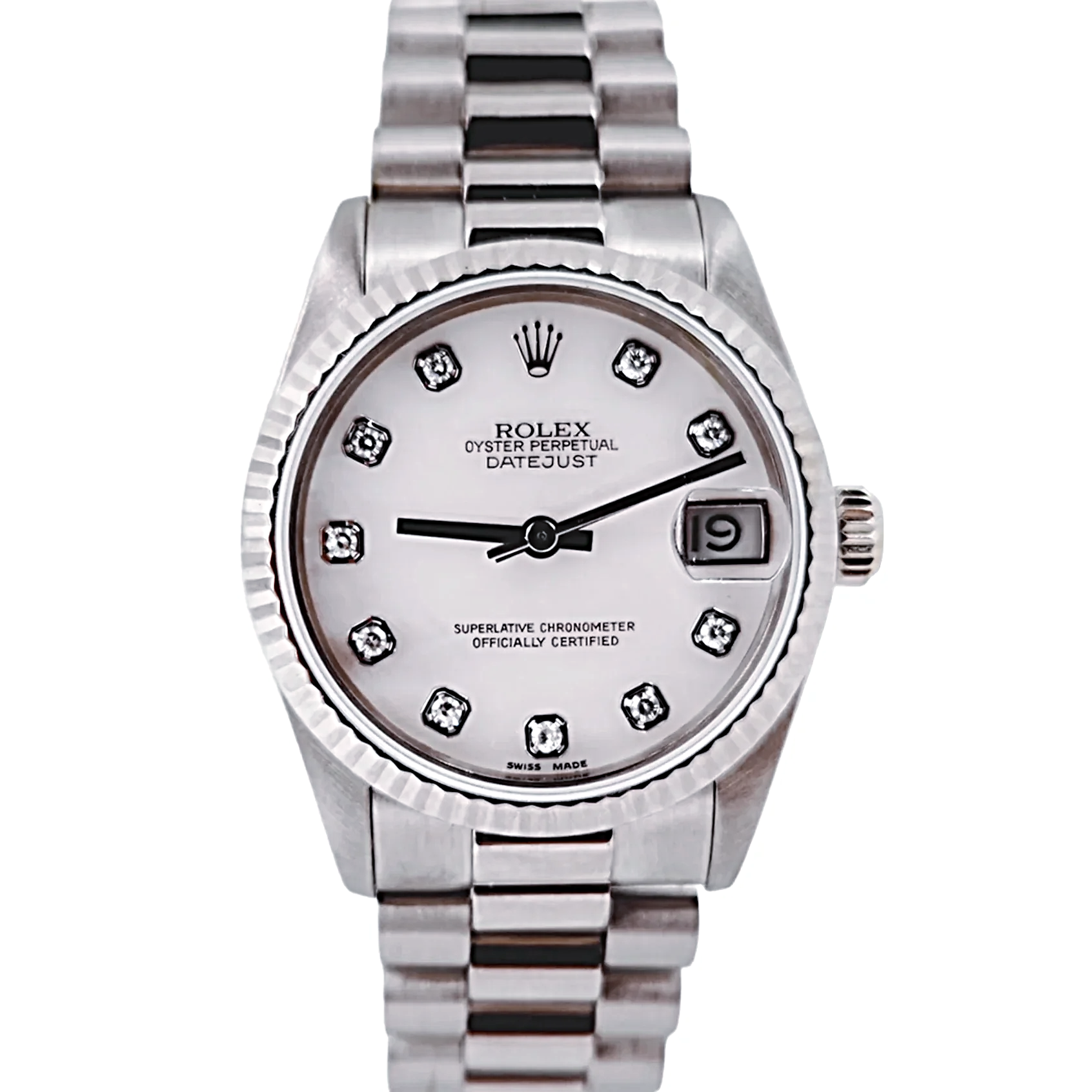 Ladies Midsize Rolex 31mm DateJust 18K White Gold Wristwatch w/ Pink Diamond Dial & Fluted Bezel. (Pre-Owned 68279)