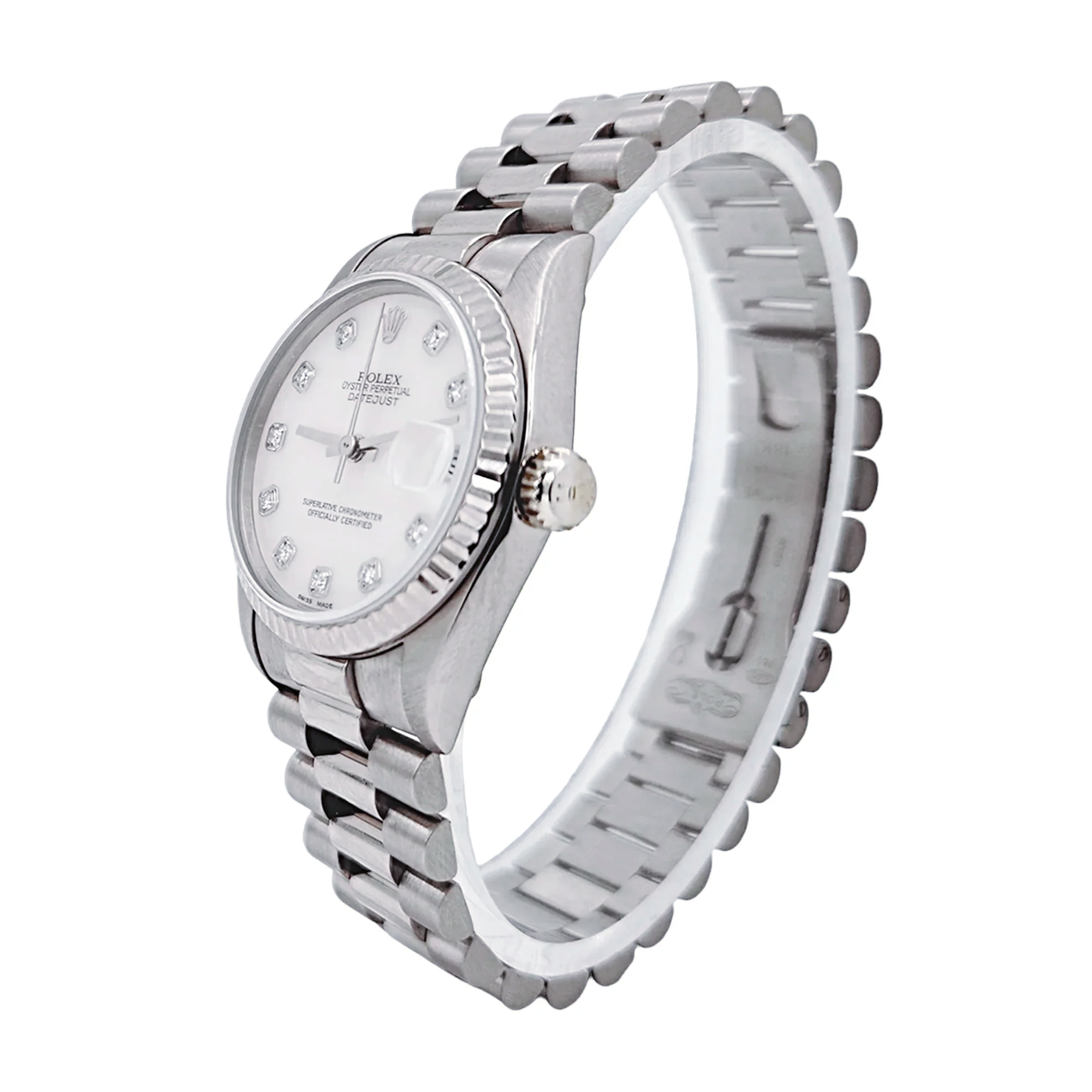 Ladies Midsize Rolex 31mm DateJust 18K White Gold Watch with Pink Diamond Dial and Fluted Bezel. (Pre-Owned 68279)