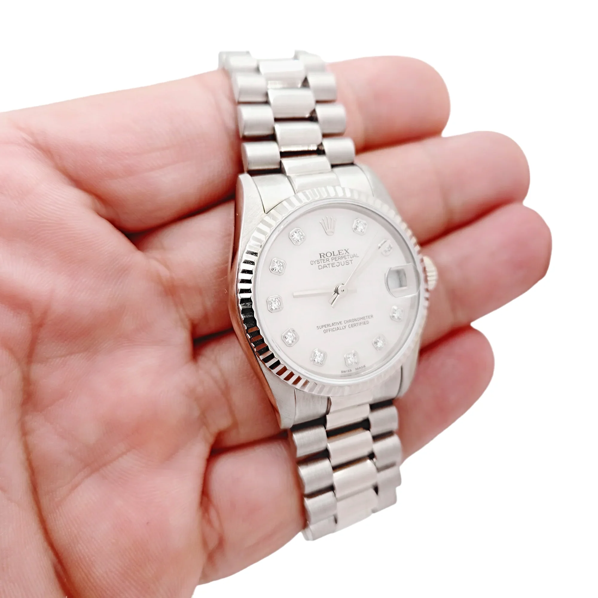 Ladies Midsize Rolex 31mm DateJust 18K White Gold Wristwatch w/ Pink Diamond Dial & Fluted Bezel. (Pre-Owned 68279)
