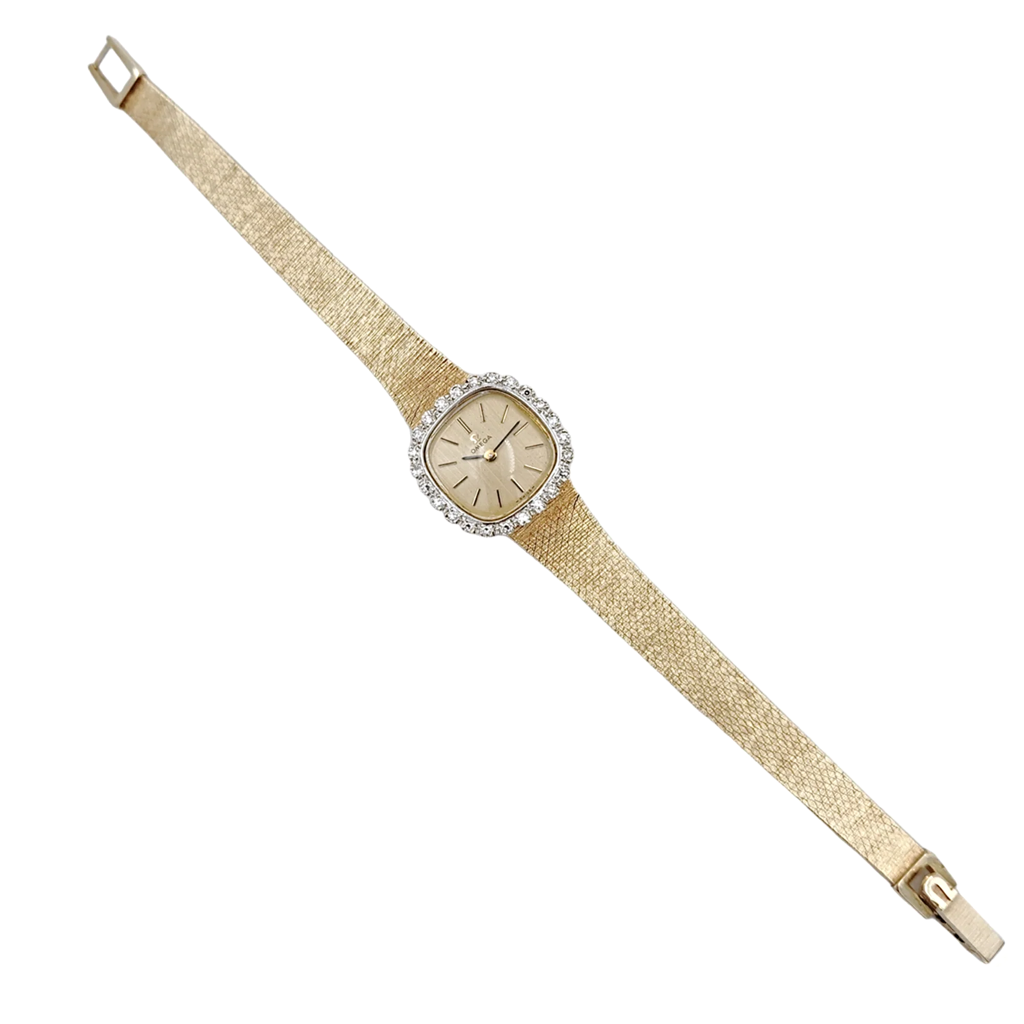 Ladies Omega 20mm Vintage 14K Yellow Gold Automatic Watch with Gold Dial and Diamond Bezel. (Pre-Owned)