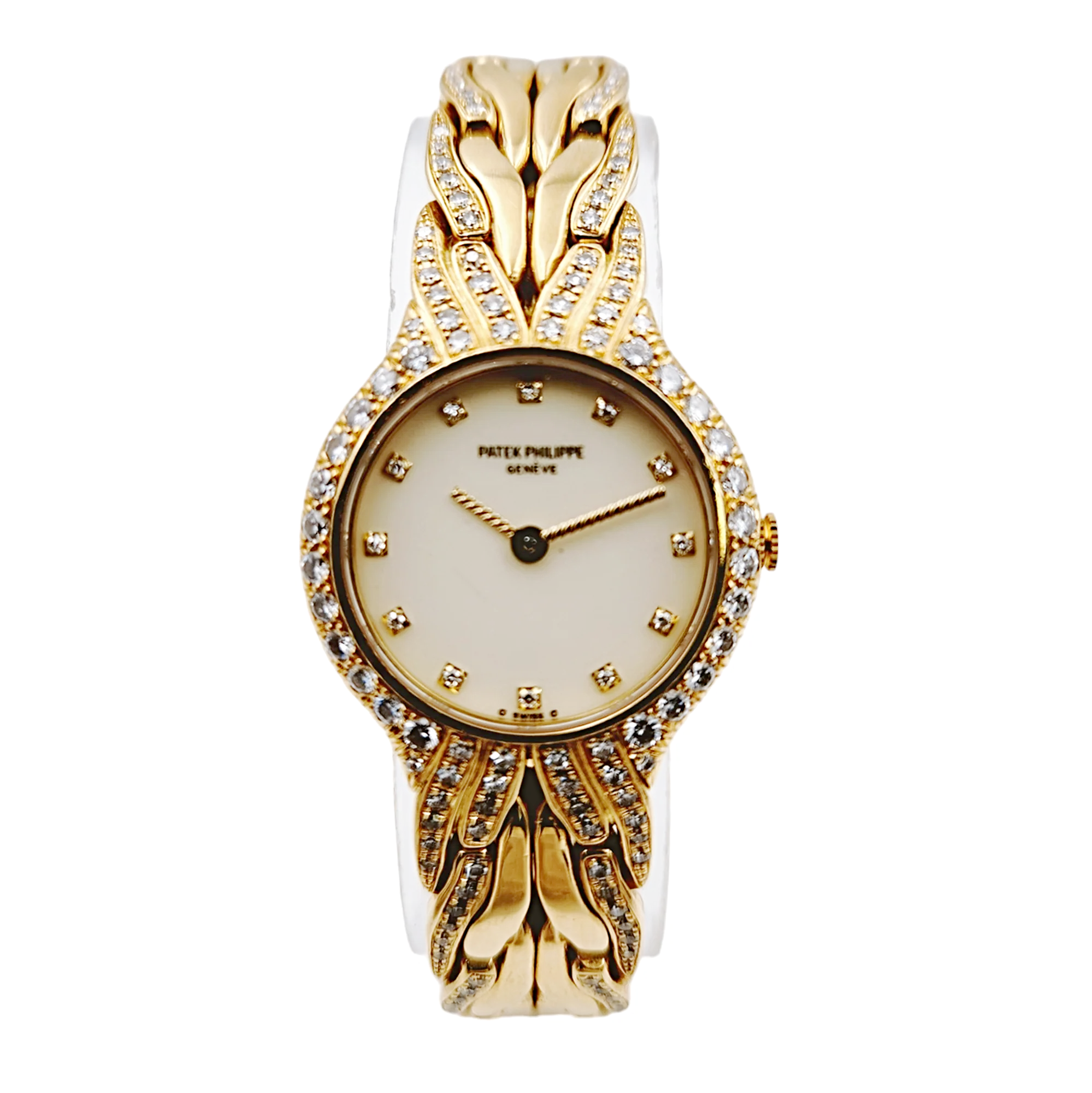Ladies Patek Philippe 23mm La Flamme 18K Yellow Gold Watch with Cream Diamond Dial and Diamond Bezel. (Pre-Owned Model 4816/3)