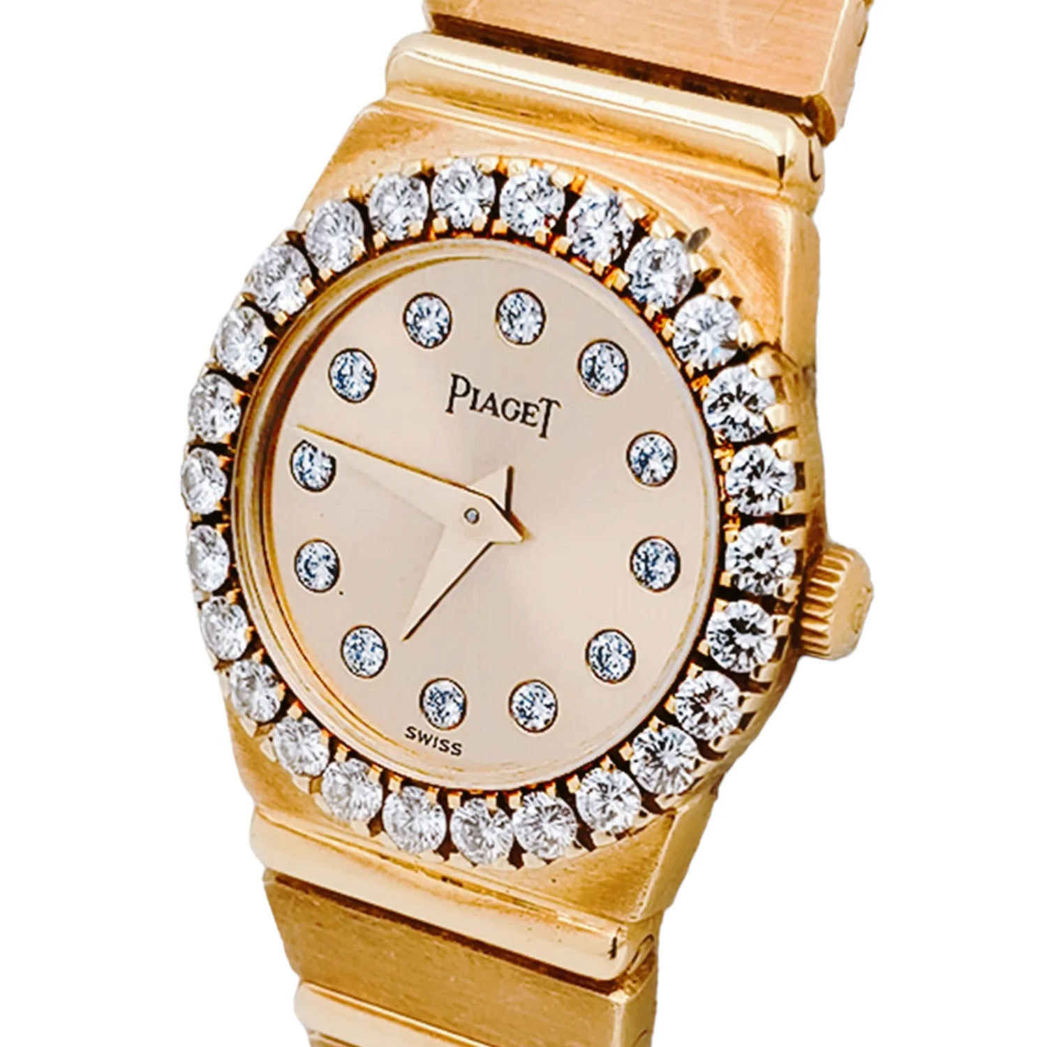 Ladies Piaget Polo 21mm Vintage Solid 18K Yellow Gold Band Watch with Champagne Diamond Dial and Diamond Bezel. (Pre-Owned)