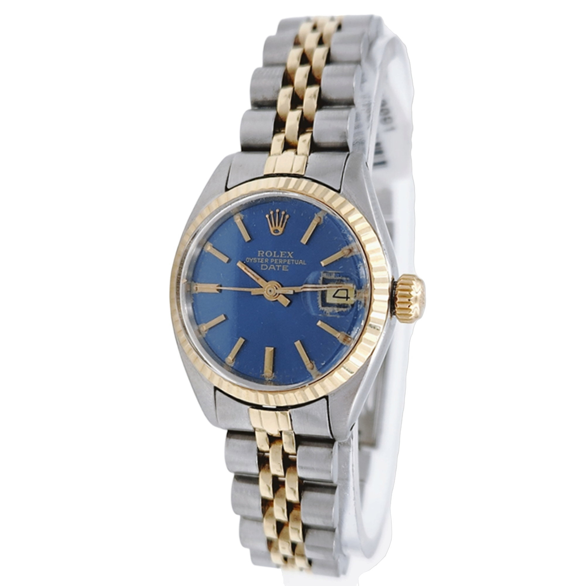 Ladies Rolex 26mm DateJust Two Tone 18K Yellow Gold / Stainless Steel Watch with Blue Dial and Fluted Bezel. (Pre-Owned 6917)