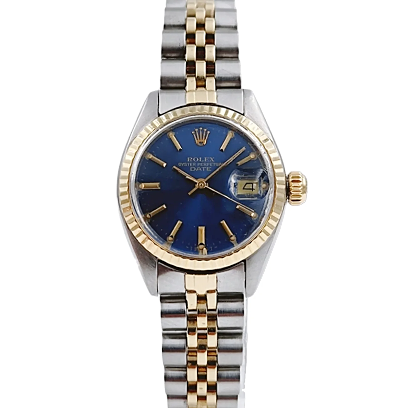 Ladies Rolex 26mm DateJust Two Tone 18K Yellow Gold / Stainless Steel Watch with Blue Dial and Fluted Bezel. (Pre-Owned 6917)