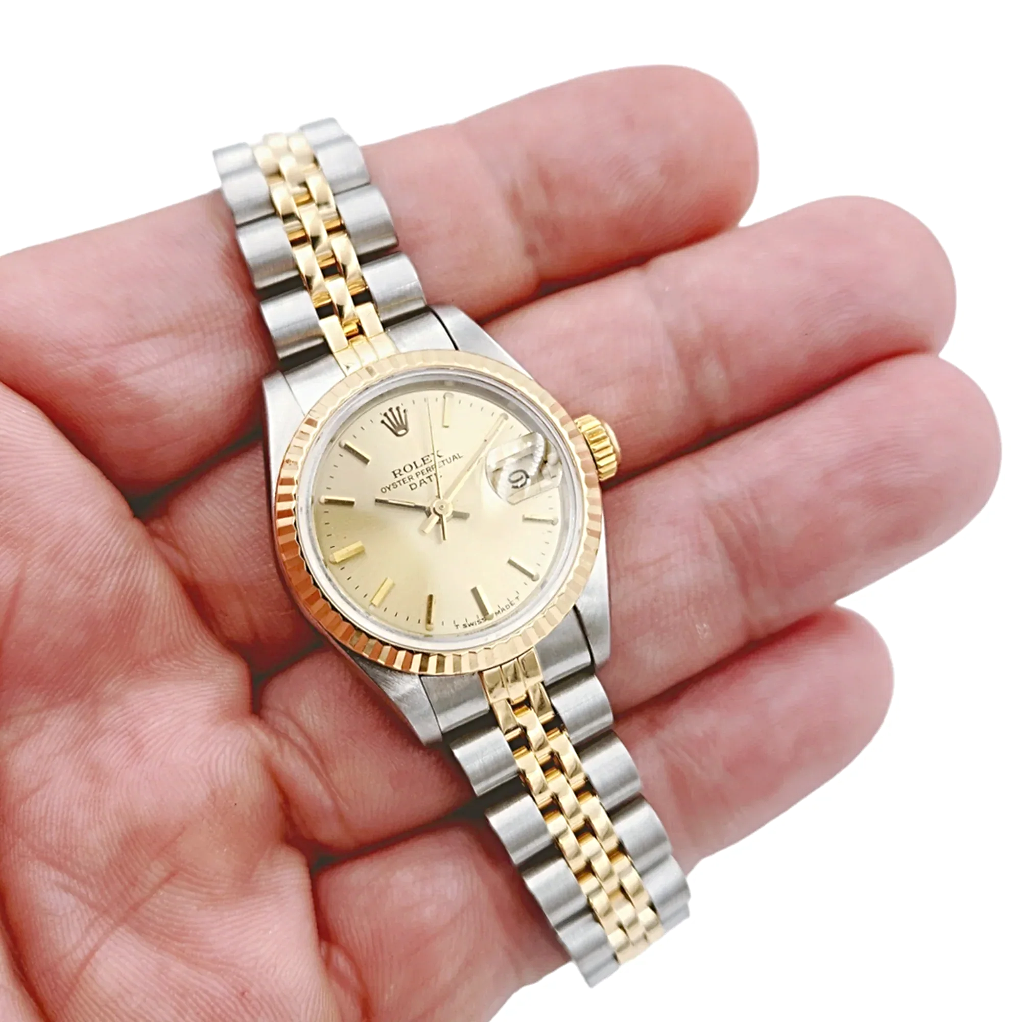 Ladies Rolex 26mm Date 18K Yellow Gold Two Tone Watch with Champagne Dial and Fluted Bezel. (Pre-Owned 69173)