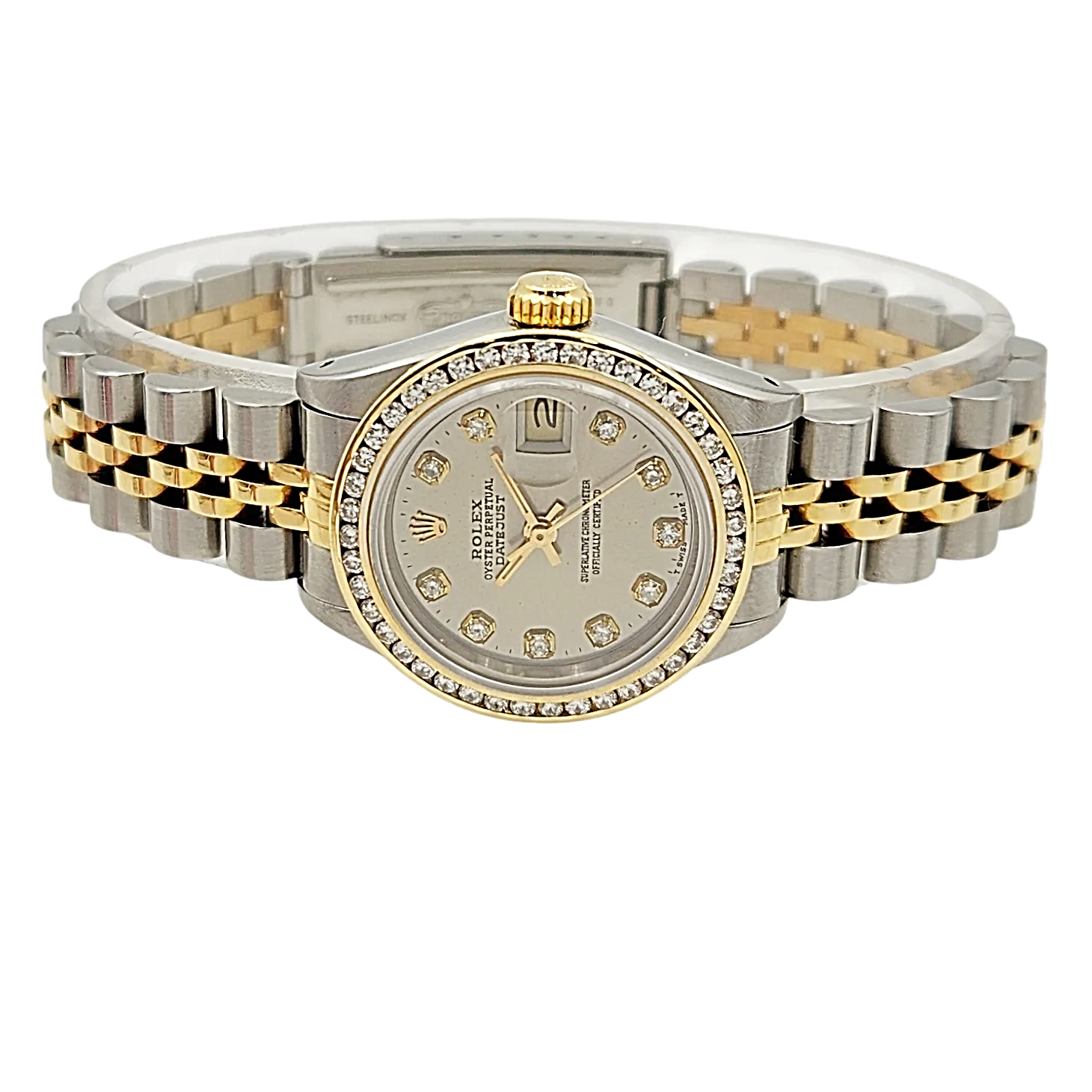 *Ladies Rolex 26mm Datejust 18K Yellow Gold / Stainless Steel Two Tone Watch with Silver Diamond Dial and Diamond Bezel. (Pre-Owned Box/Paper 69173)