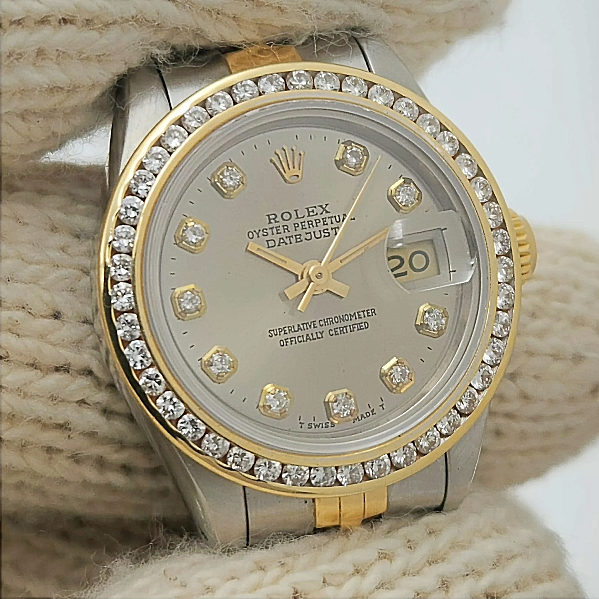 *Ladies Rolex 26mm Datejust 18K Yellow Gold / Stainless Steel Two Tone Watch with Silver Diamond Dial and Diamond Bezel. (Pre-Owned Box/Paper 69173)