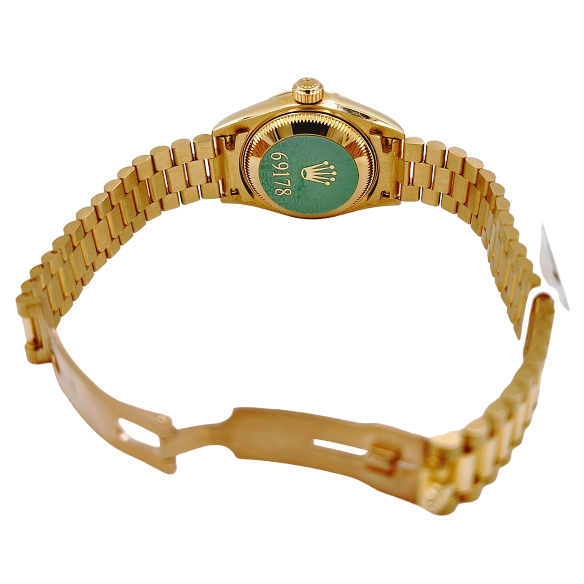 Ladies Rolex 26mm Presidential 18K Solid Yellow Gold Watch with Champagne Dial and Fluted Bezel. (NEW 69178)