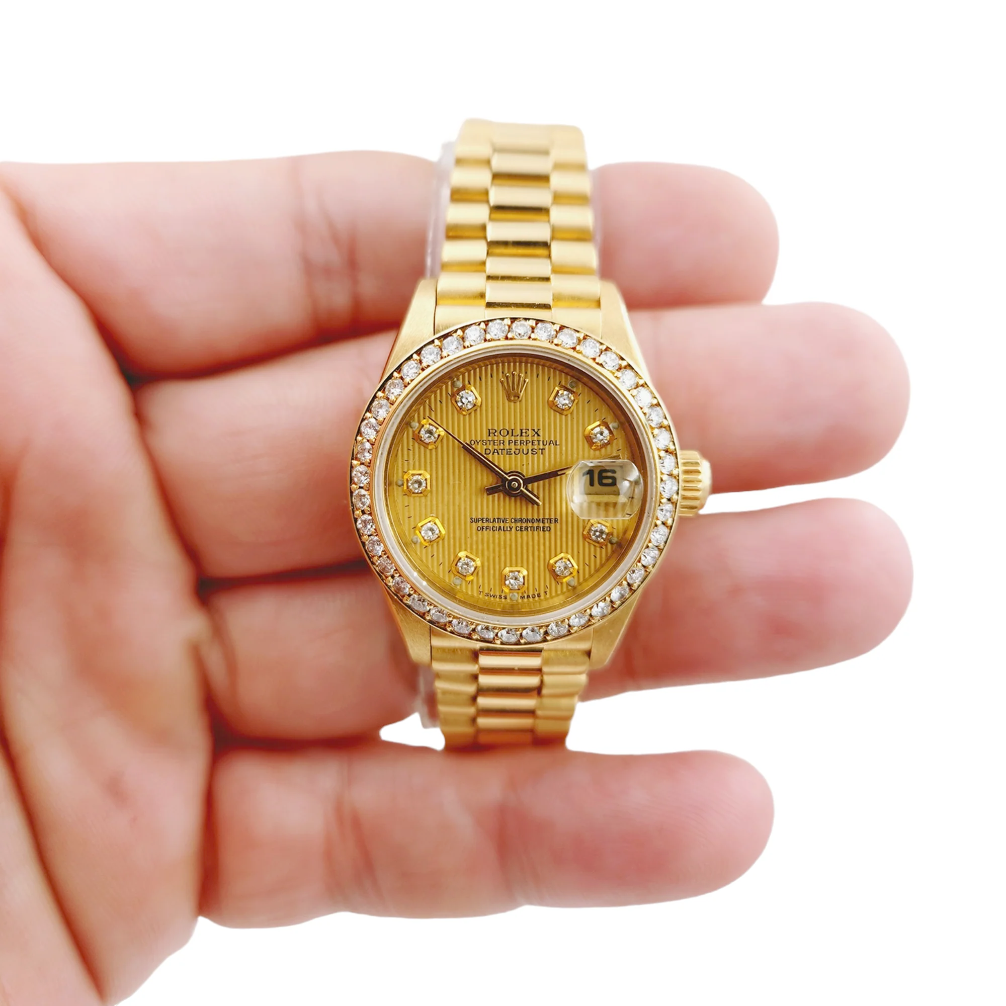 Ladies Rolex 26mm Presidential 18K Solid Yellow Gold Watch with Gold Tapestry Diamond Dial and Diamond Bezel. (Pre-Owned 69174)