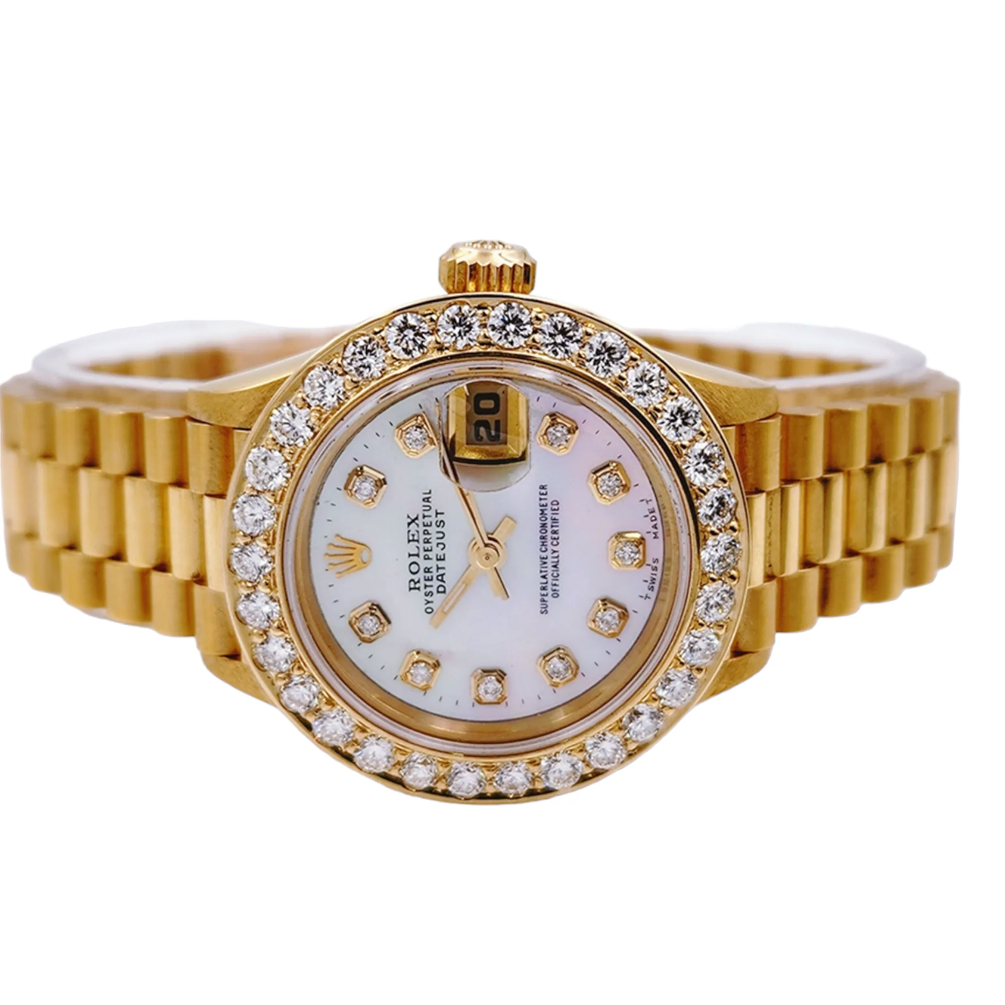Ladies Rolex 26mm Presidential 18K Solid Yellow Gold Watch with Mother of Pearl Diamond Dial and 2CT. Diamond Bezel. (NEW 69178)