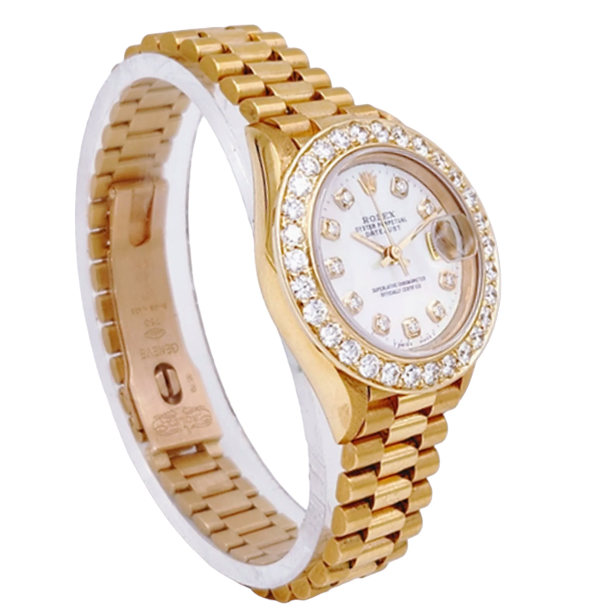 Ladies Rolex 26mm Presidential 18K Solid Yellow Gold Watch with Mother of Pearl Diamond Dial and 2CT. Diamond Bezel. (NEW 69178)