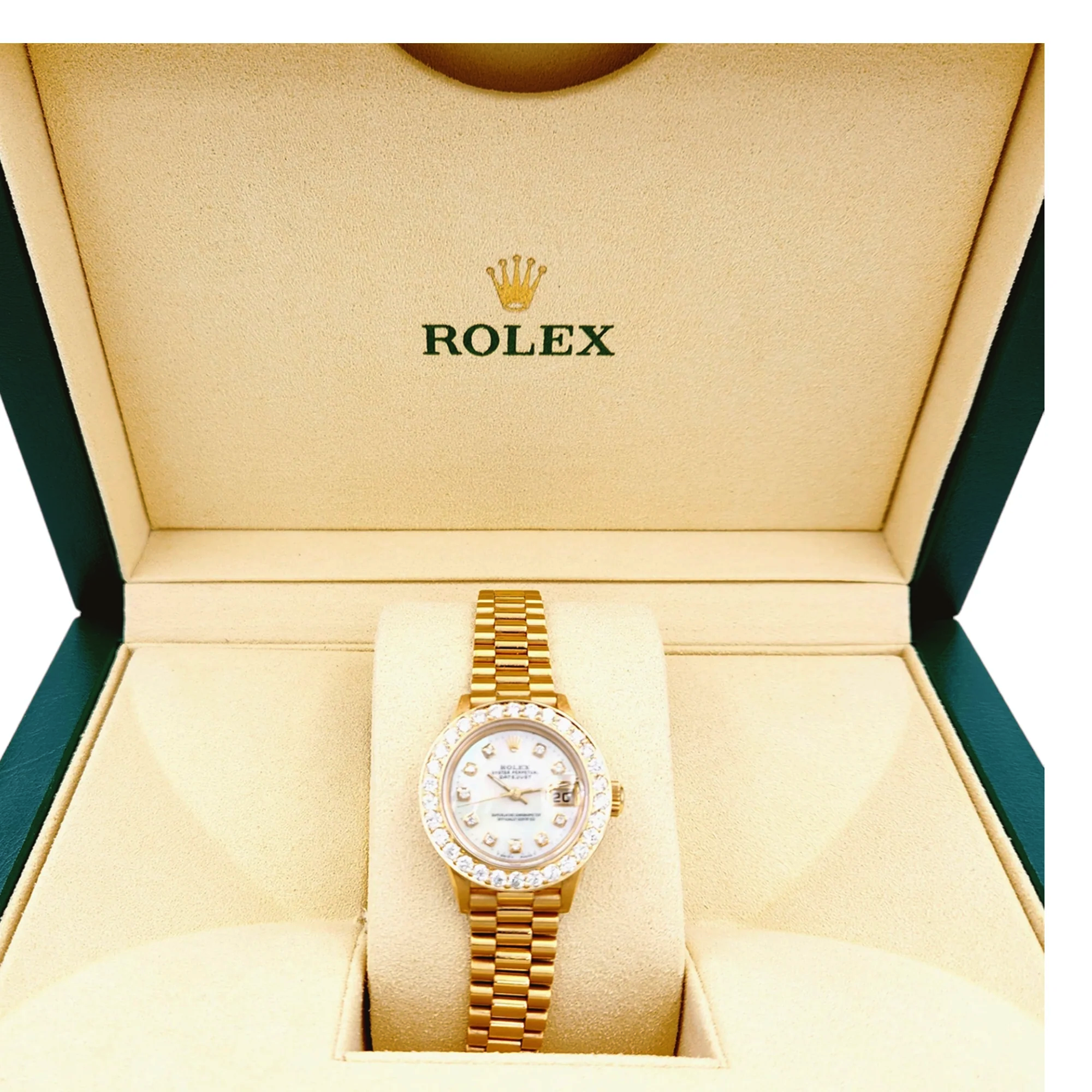 Ladies Rolex 26mm Presidential 18K Solid Yellow Gold Wristwatch w/ Mother of Pearl Diamond Dial & 2CT. Diamond Bezel. (UNWORN 69178)