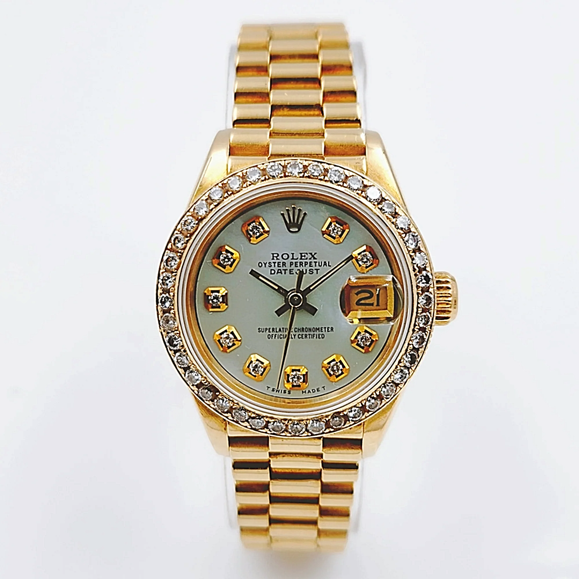 Ladies Rolex 26mm Presidential 18K Solid Yellow Gold Watch with Mother of Pearl Diamond Dial and Diamond Bezel. (Pre-Owned 69178)