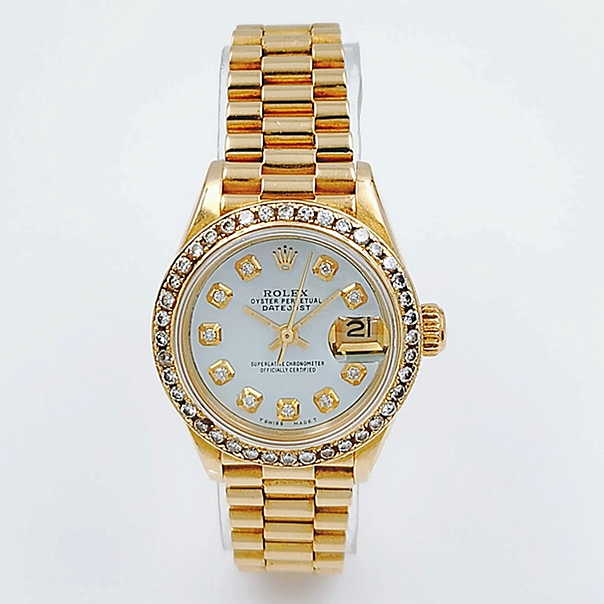 Ladies Rolex 26mm Presidential 18K Solid Yellow Gold Wristwatch w/ Mother of Pearl Diamond Dial & Diamond Bezel. (Pre-Owned 69178)