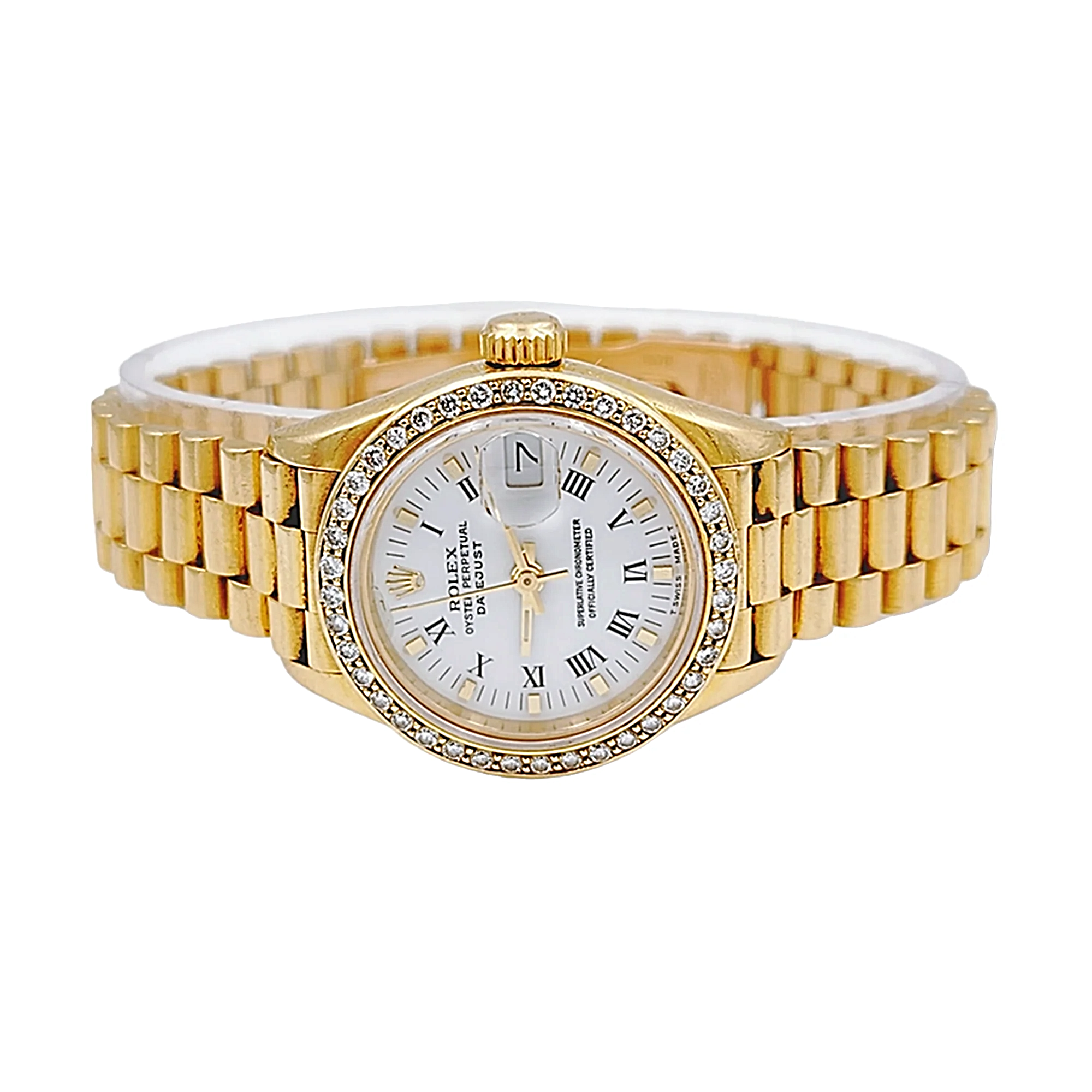 Ladies Rolex 26mm Presidential 18K Yellow Gold Watch with White Roman Numeral Dial and Diamond Bezel. (Pre-Owned 69178)