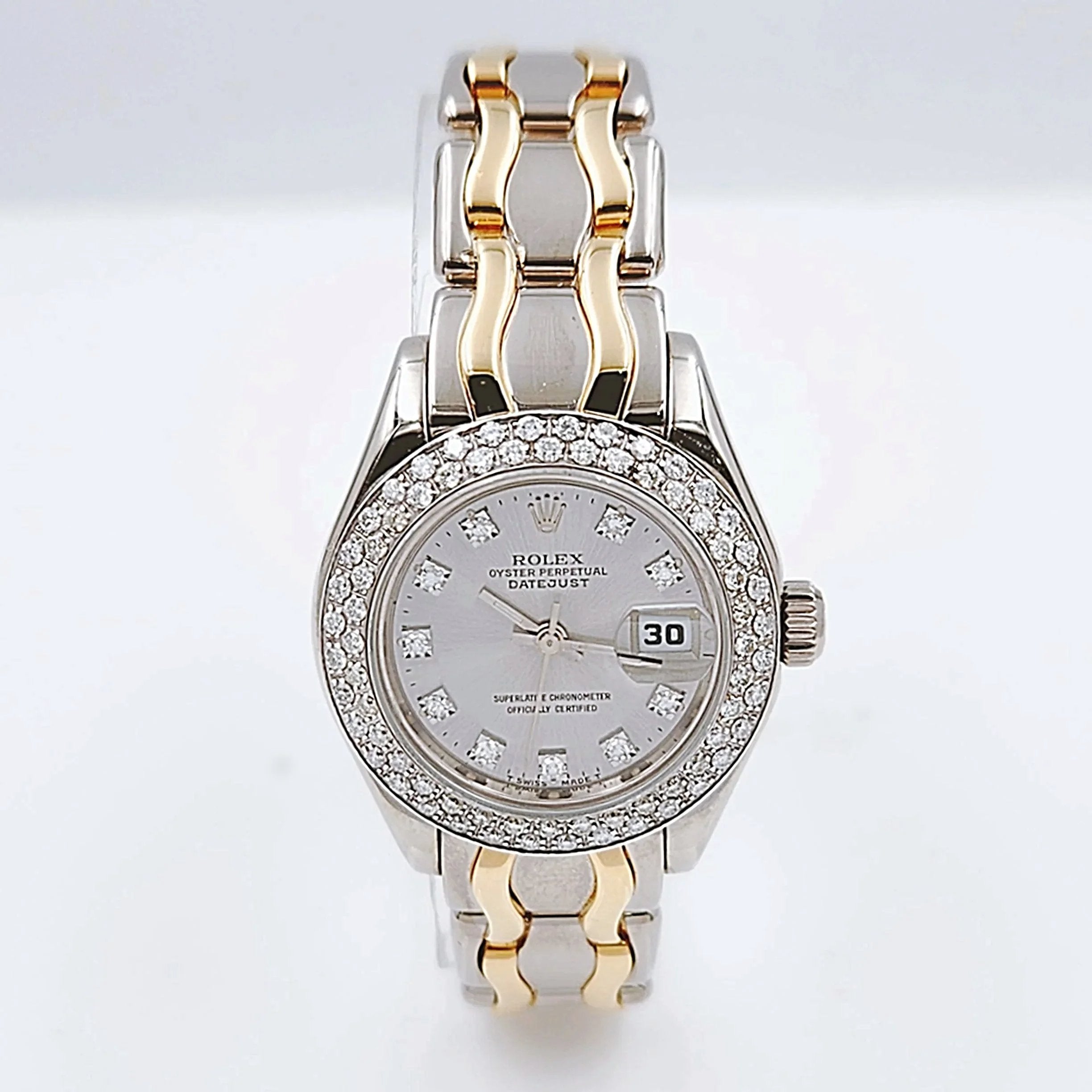 Ladies Rolex 29mm Pearlmaster Two Tone 18K White Gold / 18K Yellow Gold Wristwatch w/ Silver Diamond Dial & Diamond Bezel. (Pre-Owned 69329)