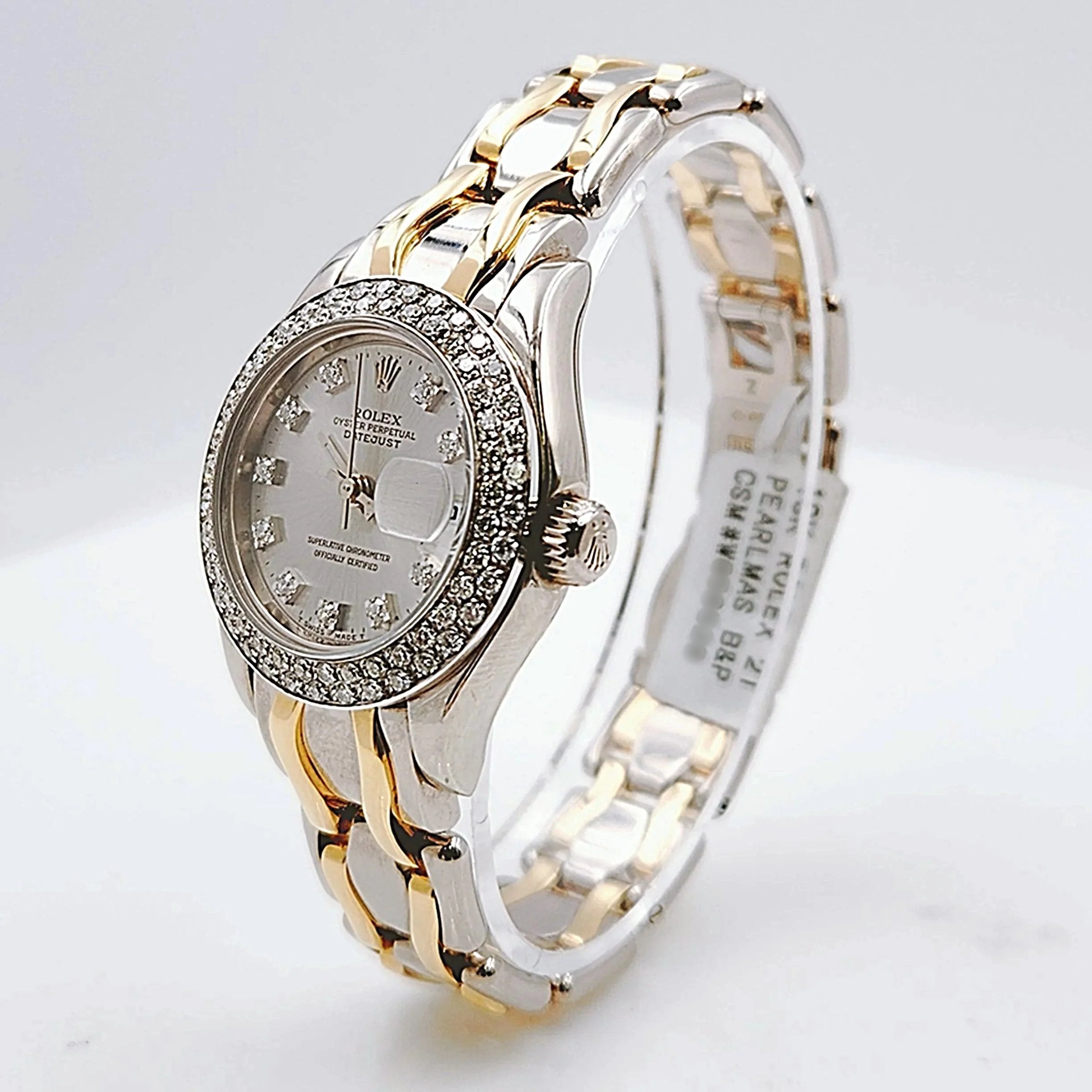 Ladies Rolex 29mm Pearlmaster Two Tone 18K White Gold / 18K Yellow Gold Watch with Silver Diamond Dial and Diamond Bezel. (Pre-Owned 69329)