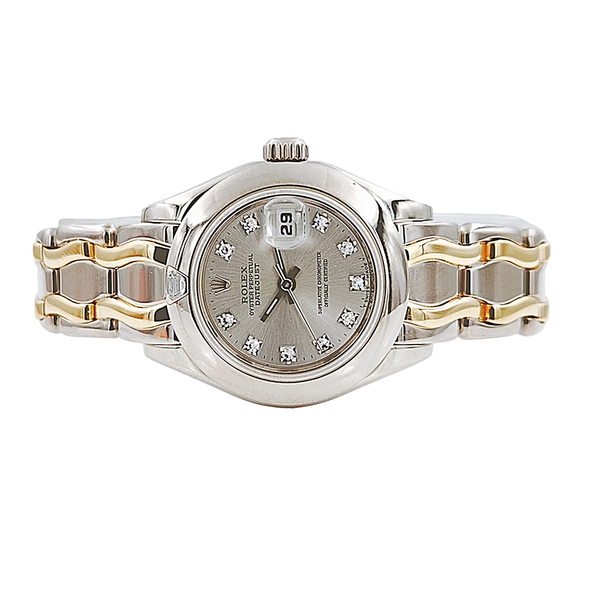 Ladies Rolex 29mm Pearlmaster Two Tone 18K White Gold / 18K Yellow Gold Watch with Silver Diamond Dial and Smooth Bezel. (Pre-Owned 69329)
