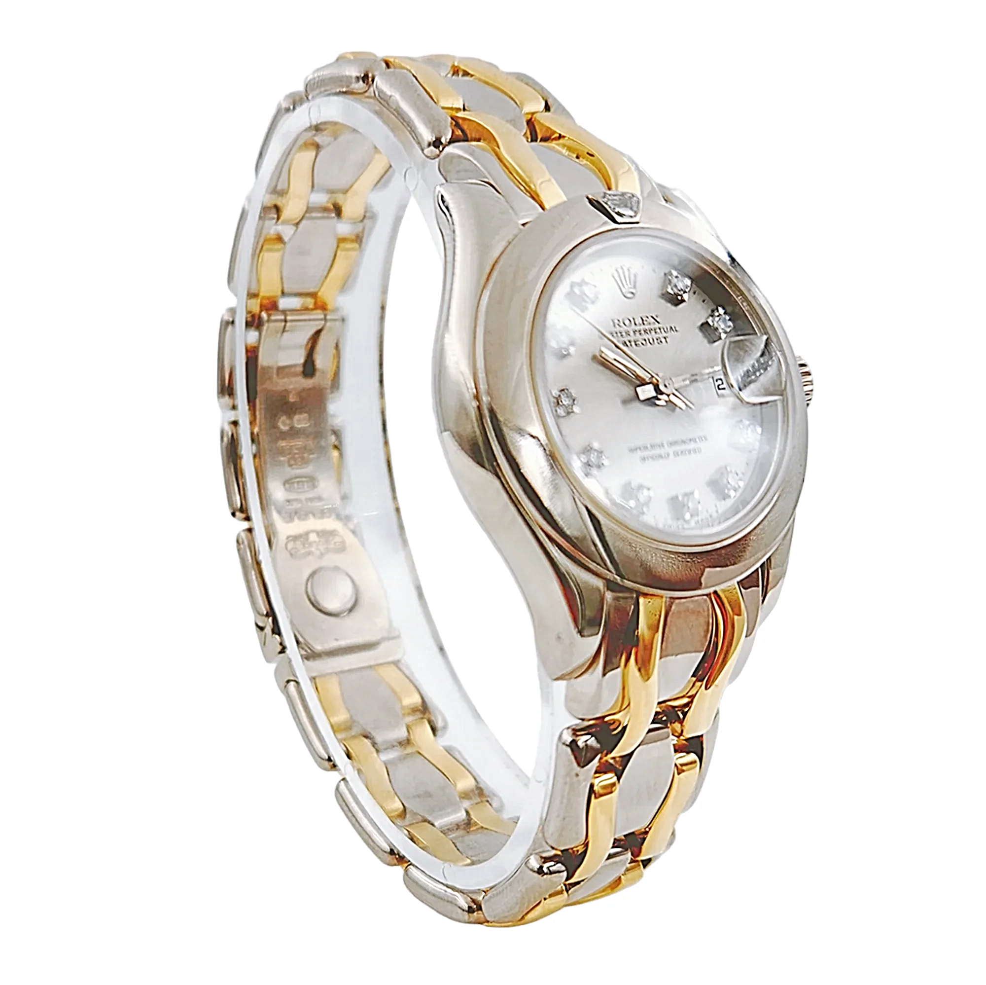 Ladies Rolex 29mm Pearlmaster Two Tone 18K White Gold / 18K Yellow Gold Wristwatch w/ Silver Diamond Dial & Diamond Bezel. (Pre-Owned 69329)