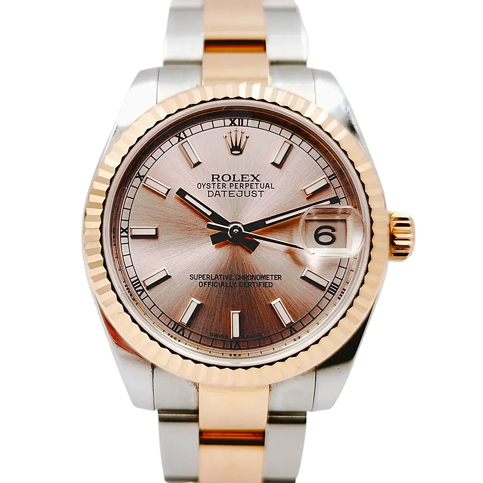 Ladies Rolex 31mm Midsize DateJust Two Tone 18K Rose Gold / Stainless Steel Watch with Pink Dial and Fluted Bezel. (Pre-Owned 178271)