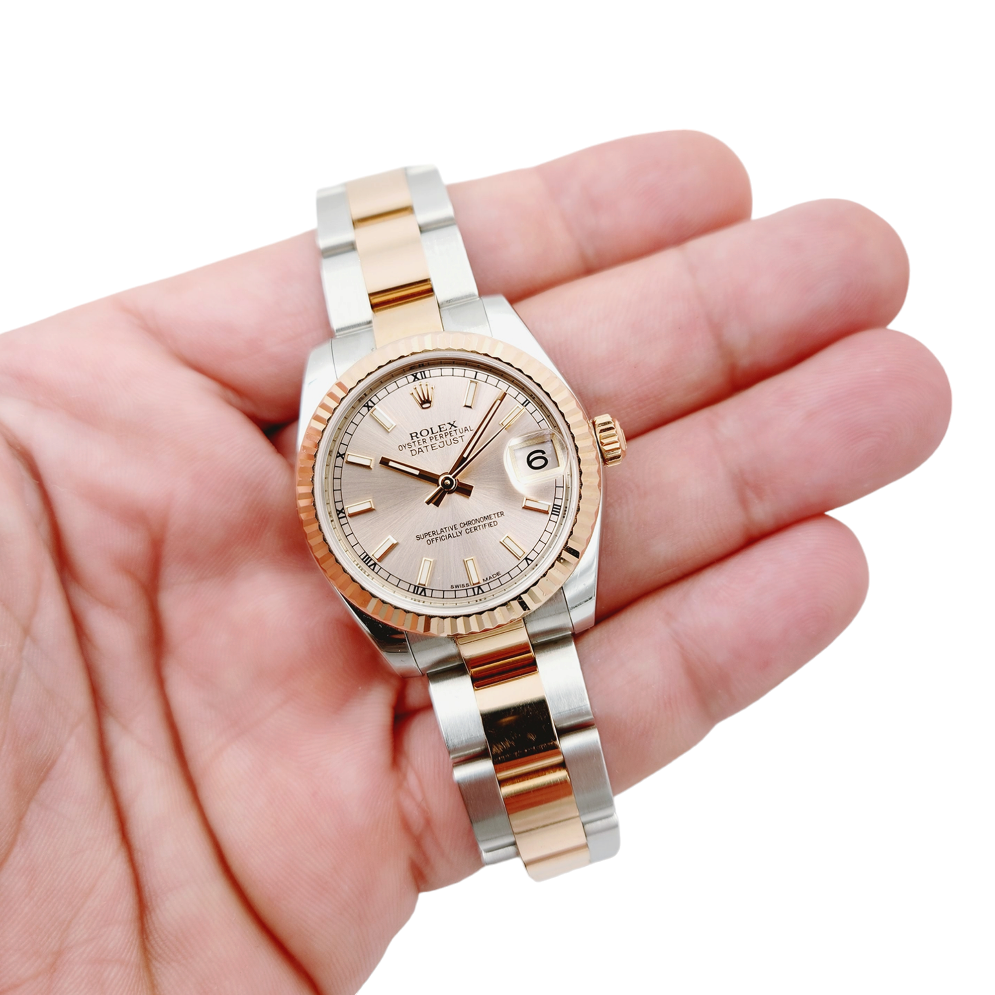 Ladies Rolex 31mm Midsize DateJust Two Tone 18K Rose Gold / Stainless Steel Wristwatch w/ Pink Dial & Fluted Bezel. (Pre-Owned 178271)