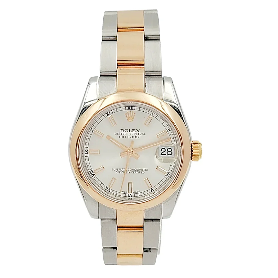 Ladies Rolex 31mm Midsize DateJust Two Tone 18K Rose Gold / Stainless Steel Watch with Silver Dial and Smooth Bezel. (Pre-Owned 178241)