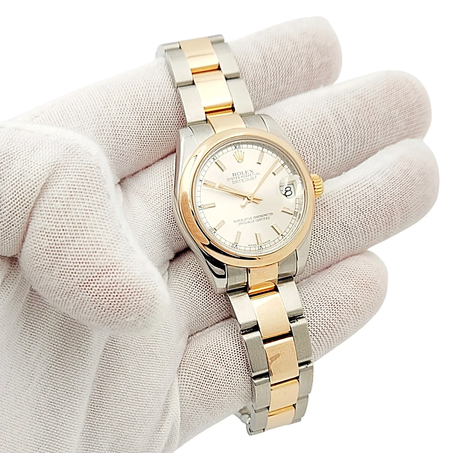 Ladies Rolex 31mm Midsize DateJust Two Tone 18K Rose Gold / Stainless Steel Watch with Silver Dial and Smooth Bezel. (Pre-Owned 178241)
