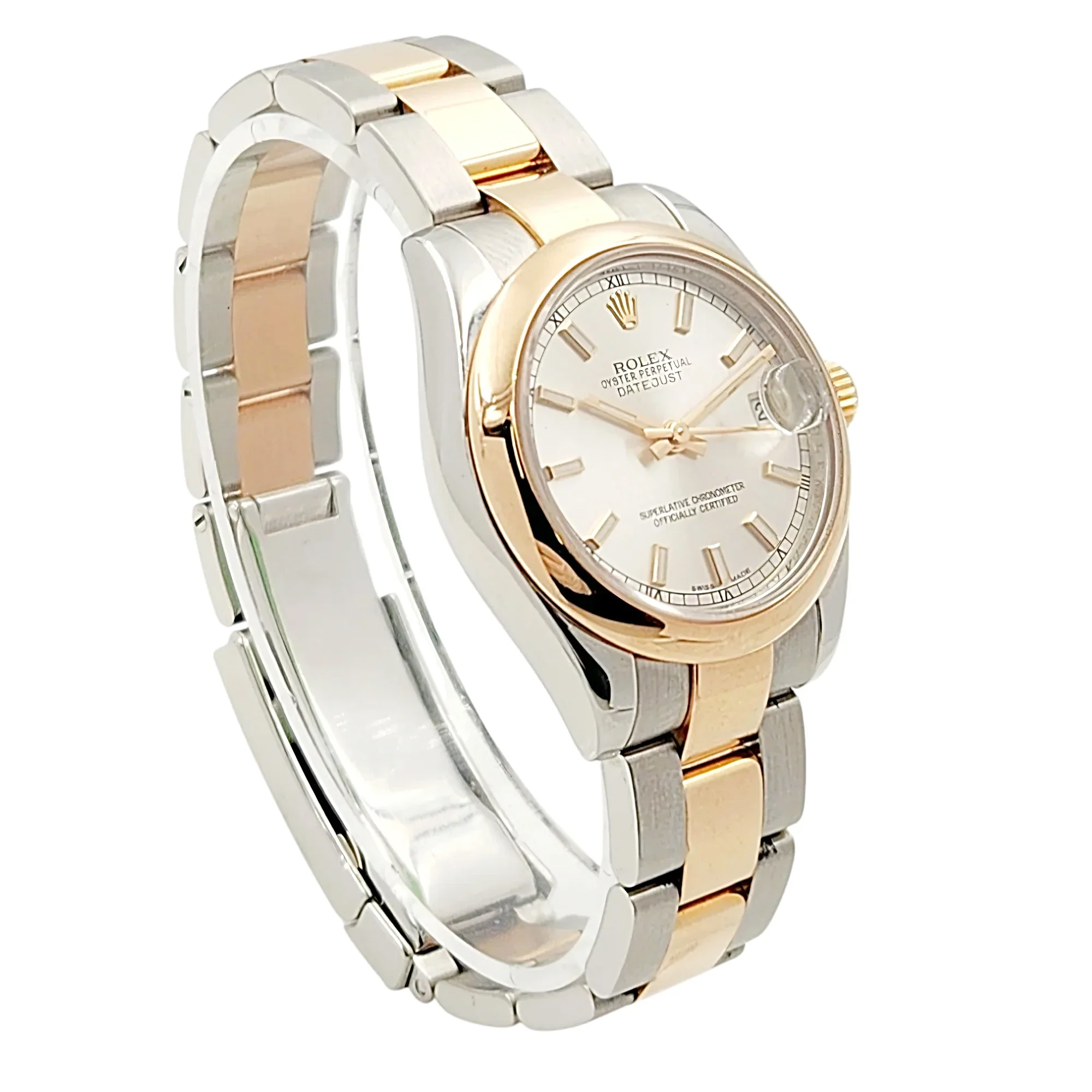 Ladies Rolex 31mm Midsize DateJust Two Tone 18K Rose Gold / Stainless Steel Watch with Silver Dial and Smooth Bezel. (Pre-Owned 178241)