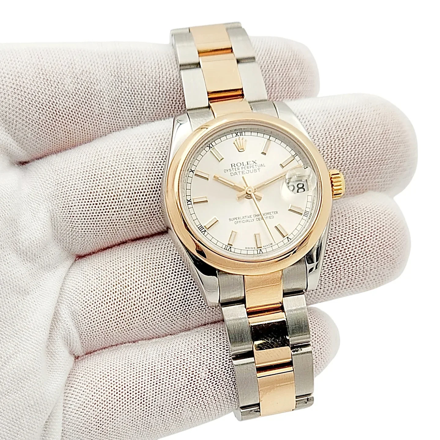Ladies Rolex 31mm Midsize DateJust Two Tone 18K Rose Gold / Stainless Steel Watch with Silver Dial and Smooth Bezel. (Pre-Owned 178241)