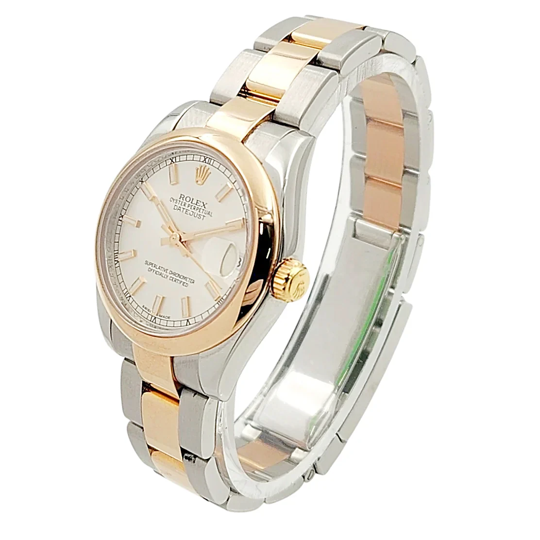 Ladies Rolex 31mm Midsize DateJust Two Tone 18K Rose Gold / Stainless Steel Watch with Silver Dial and Smooth Bezel. (Pre-Owned 178241)