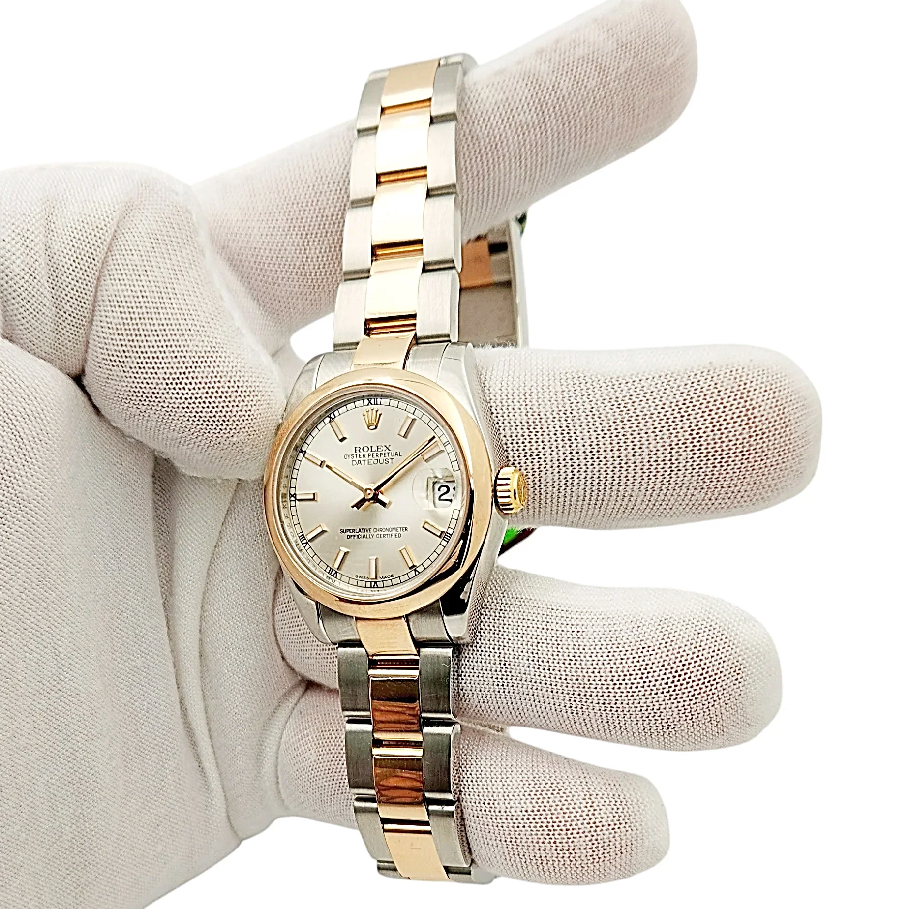 Ladies Rolex 31mm Midsize DateJust Two Tone 18K Rose Gold / Stainless Steel Watch with Silver Dial and Smooth Bezel. (Pre-Owned 178241)