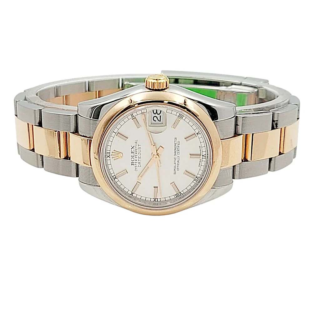 Ladies Rolex 31mm Midsize DateJust Two Tone 18K Rose Gold / Stainless Steel Watch with Silver Dial and Smooth Bezel. (Pre-Owned 178241)