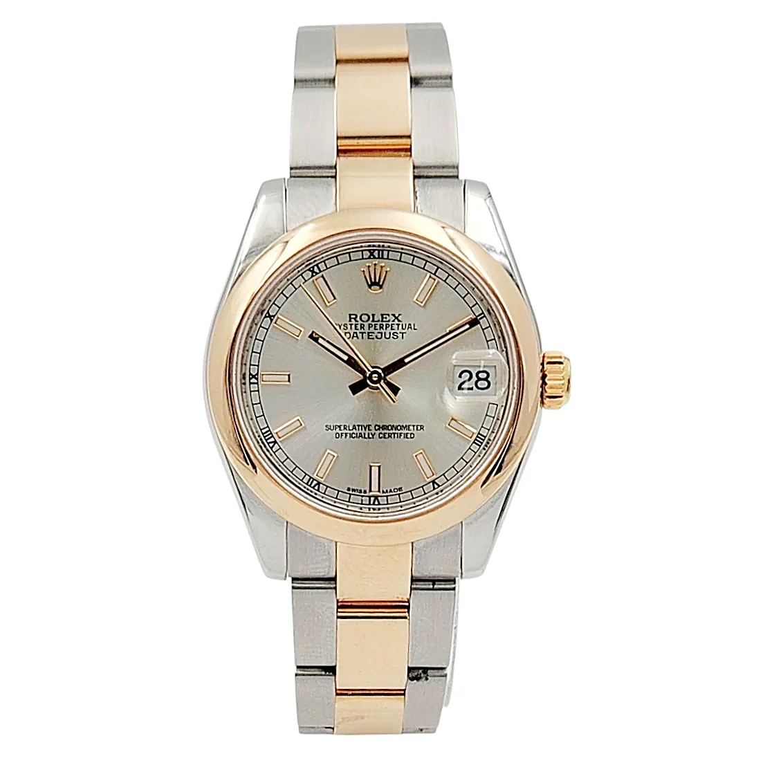 Ladies Rolex 31mm Midsize DateJust Two Tone 18K Rose Gold / Stainless Steel Watch with Silver Dial and Smooth Bezel. (Pre-Owned 178241)