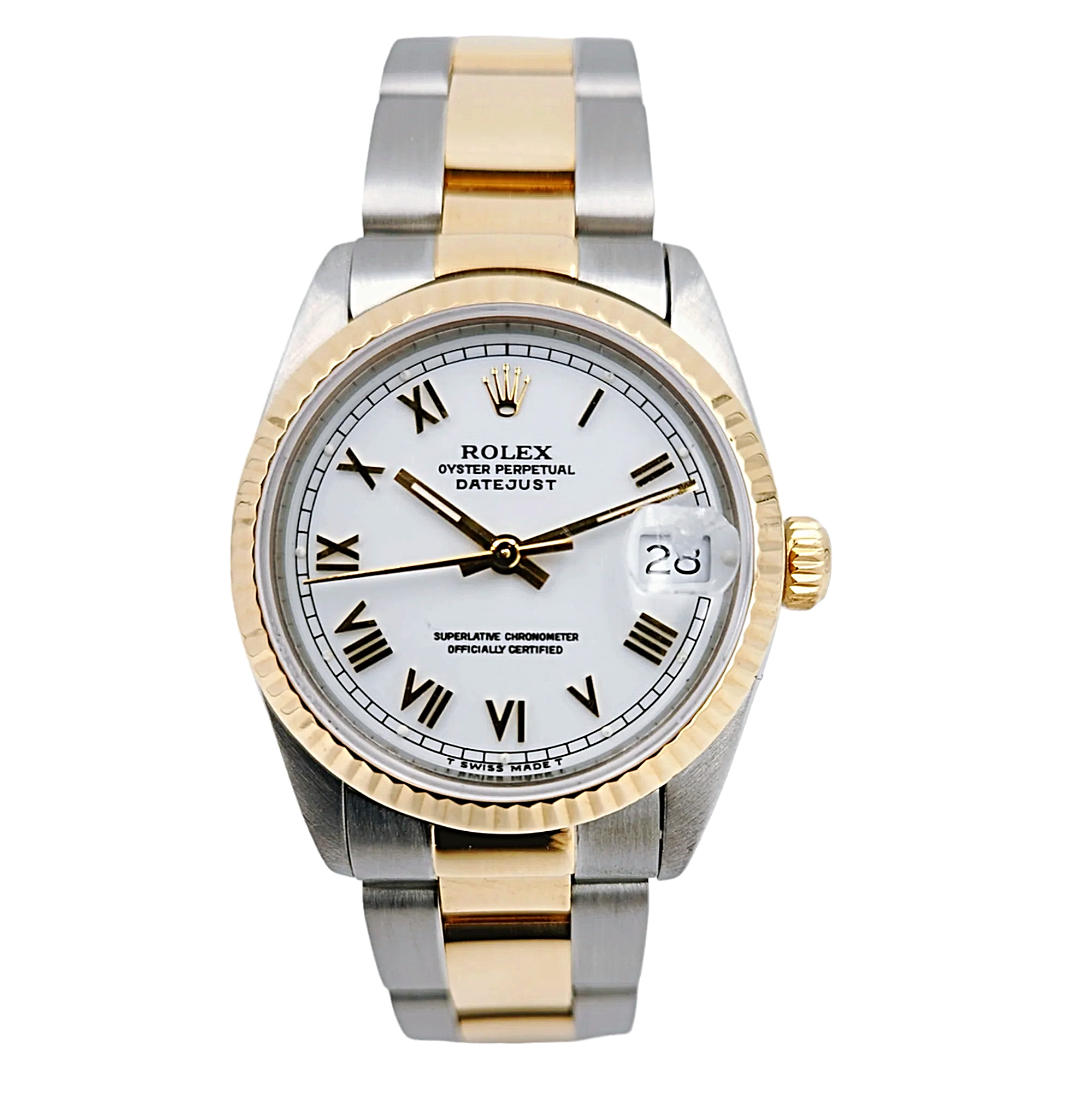 Ladies Rolex 31mm Midsize DateJust Two Tone Oyster 18K Yellow Gold / Stainless Steel Watch with White Dial and Fluted Bezel. (Pre-Owned 68723)