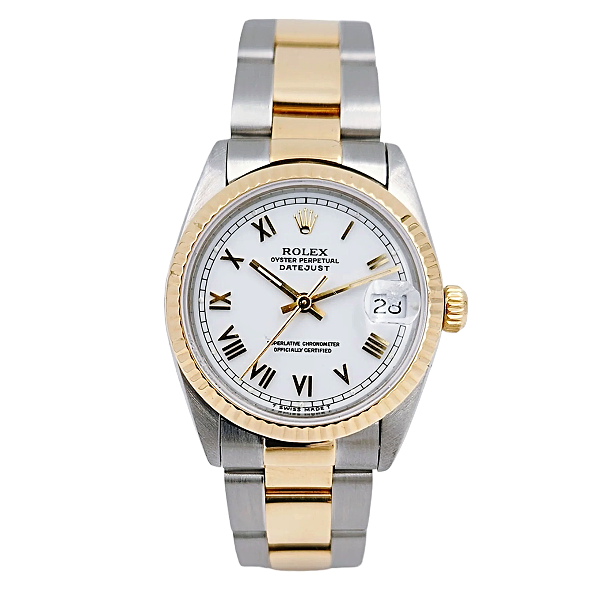 Ladies Rolex 31mm Midsize DateJust Two Tone Oyster 18K Yellow Gold / Stainless Steel Wristwatch w/ White Dial & Fluted Bezel. (Pre-Owned 68723)
