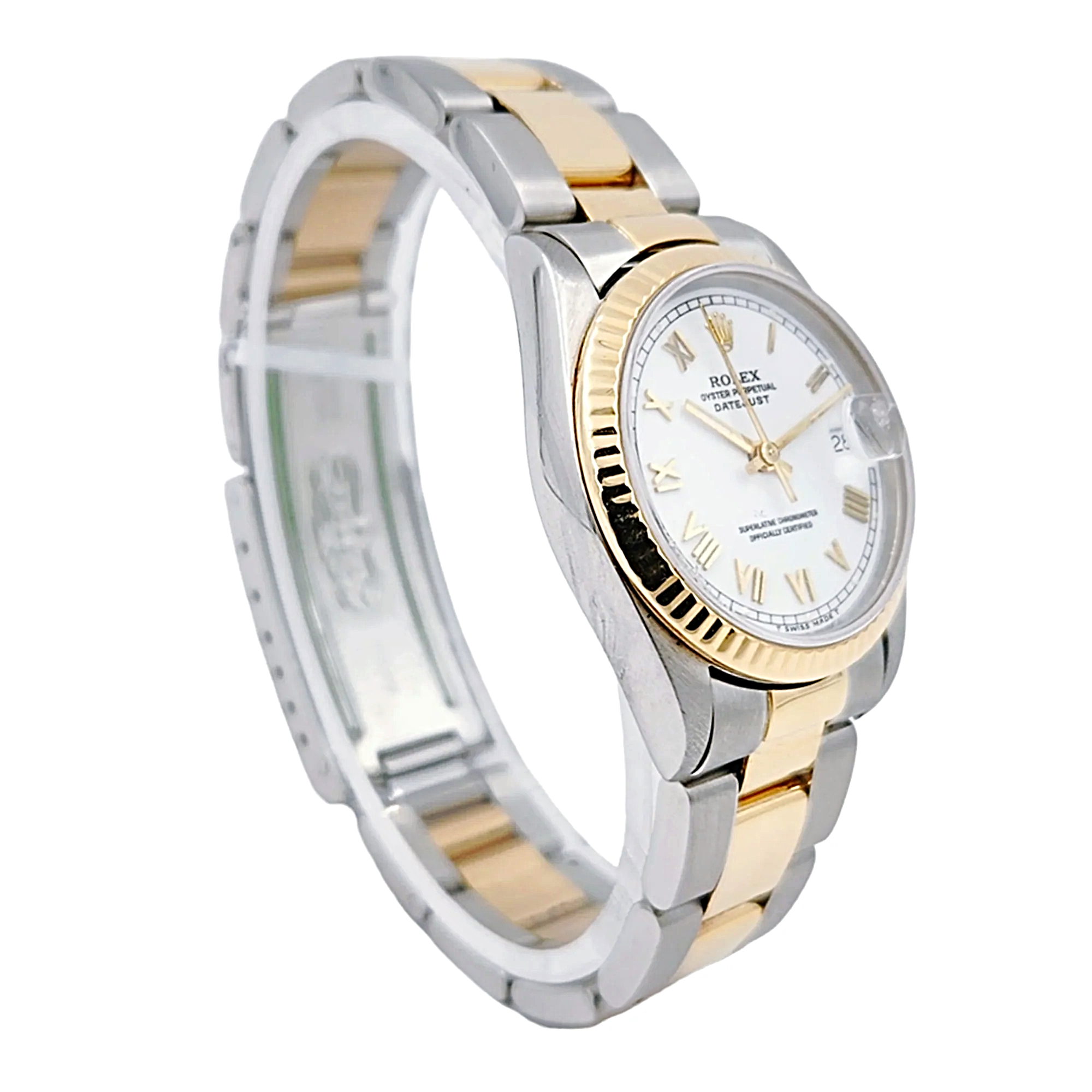 Ladies Rolex 31mm Midsize DateJust Two Tone Oyster 18K Yellow Gold / Stainless Steel Wristwatch w/ White Dial & Fluted Bezel. (Pre-Owned 68723)
